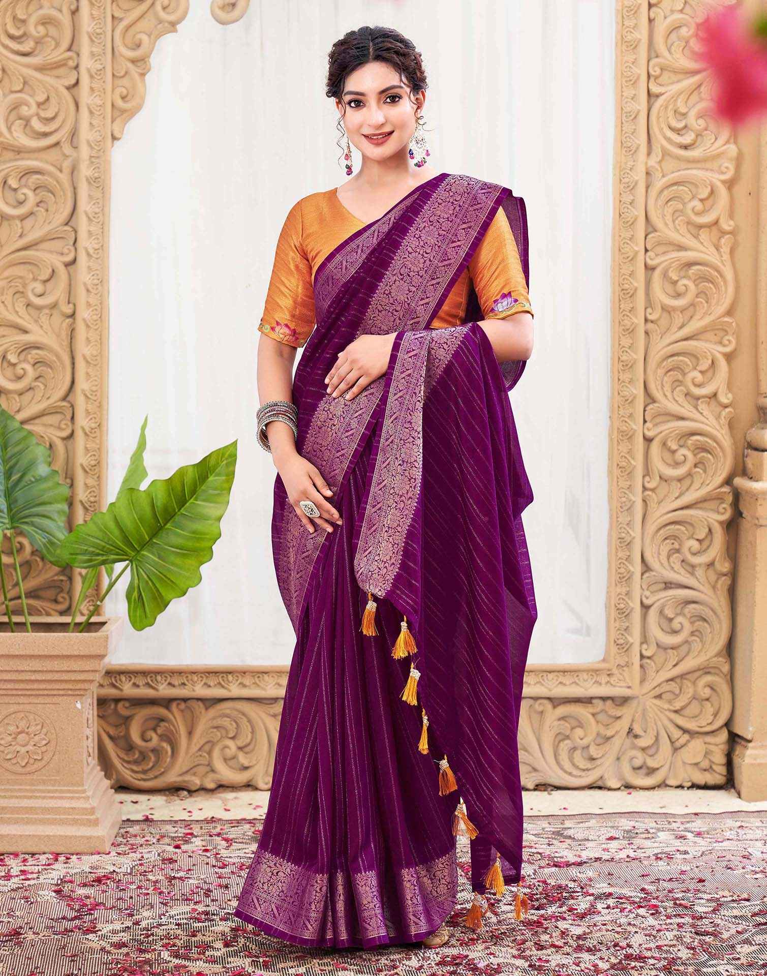 Dark Purple Silk Zari Stripe Woven Saree