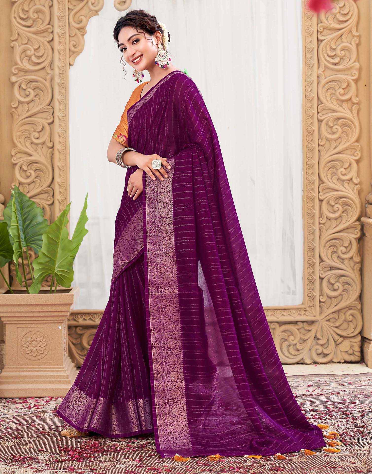 Dark Purple Silk Zari Stripe Woven Saree