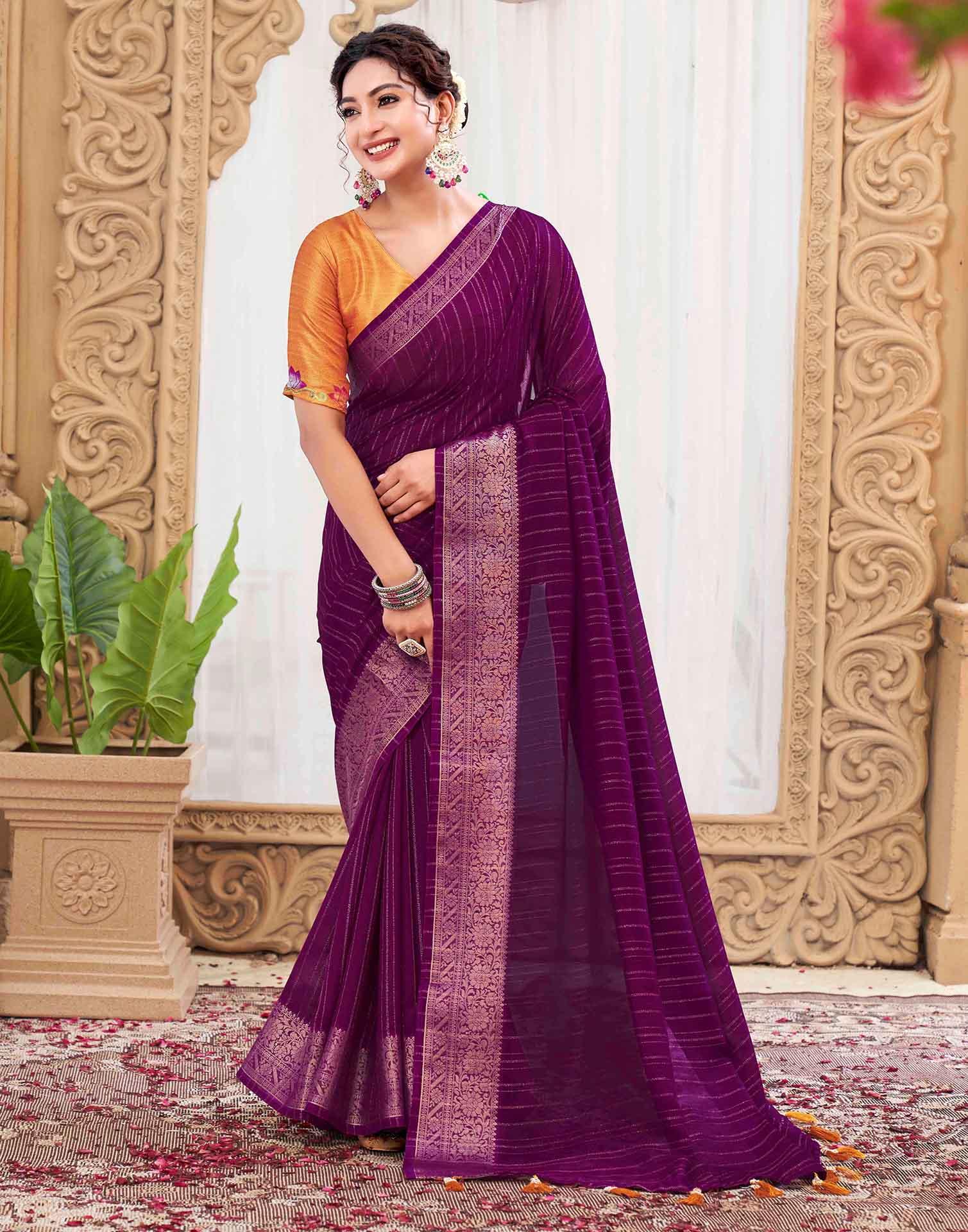 Dark Purple Silk Zari Stripe Woven Saree