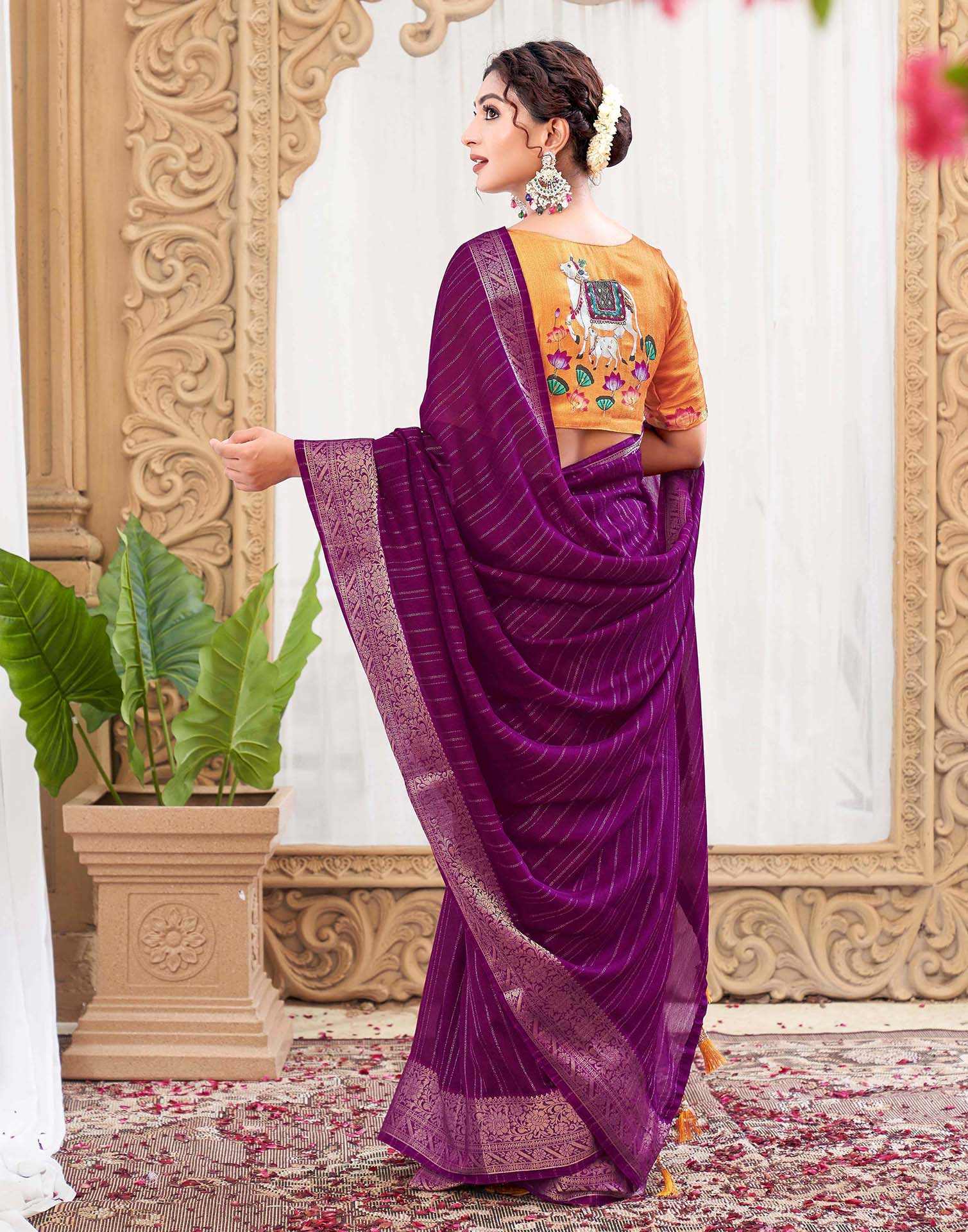Dark Purple Silk Zari Stripe Woven Saree