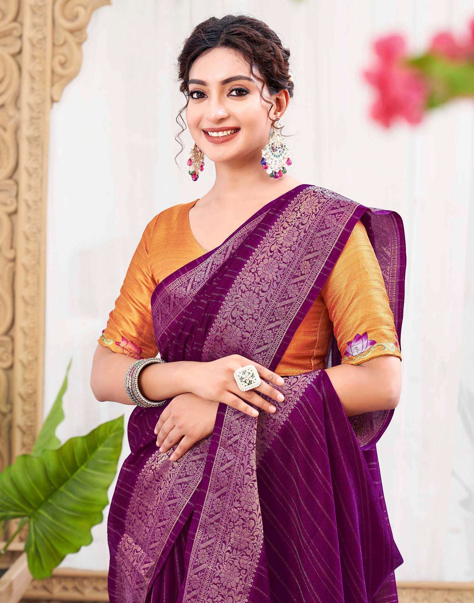 Dark Purple Silk Zari Stripe Woven Saree