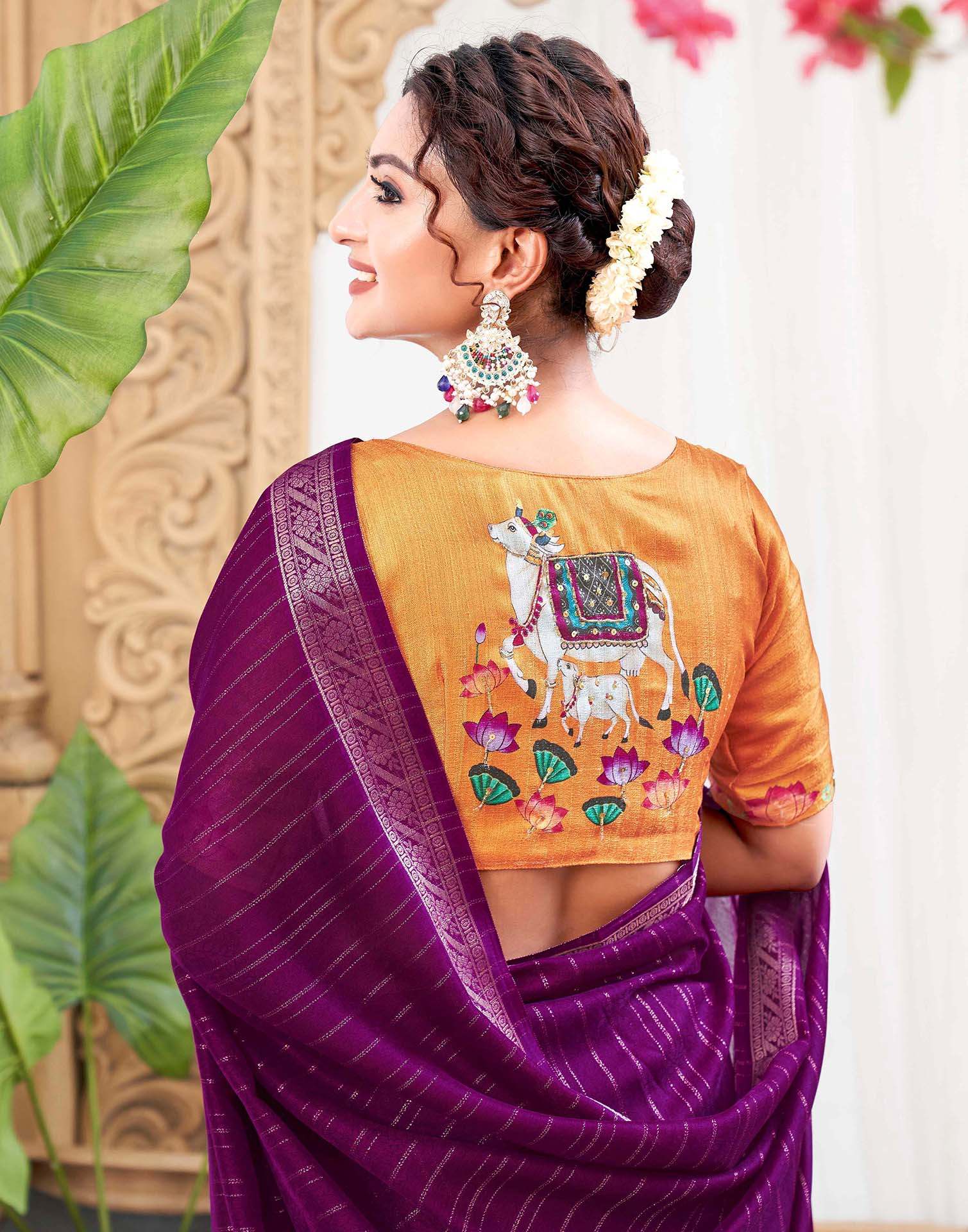 Dark Purple Silk Zari Stripe Woven Saree