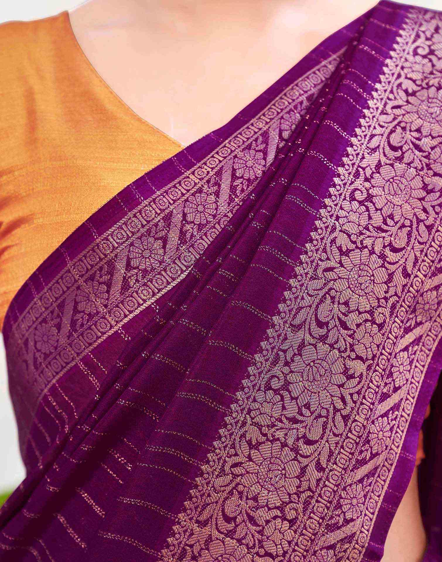 Dark Purple Silk Zari Stripe Woven Saree