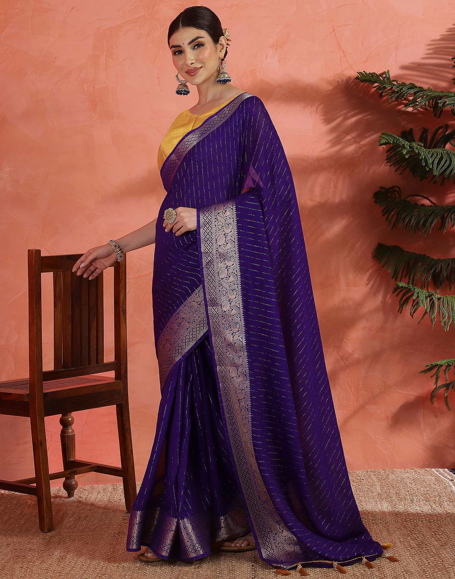 Purple Silk Zari Stripe Saree