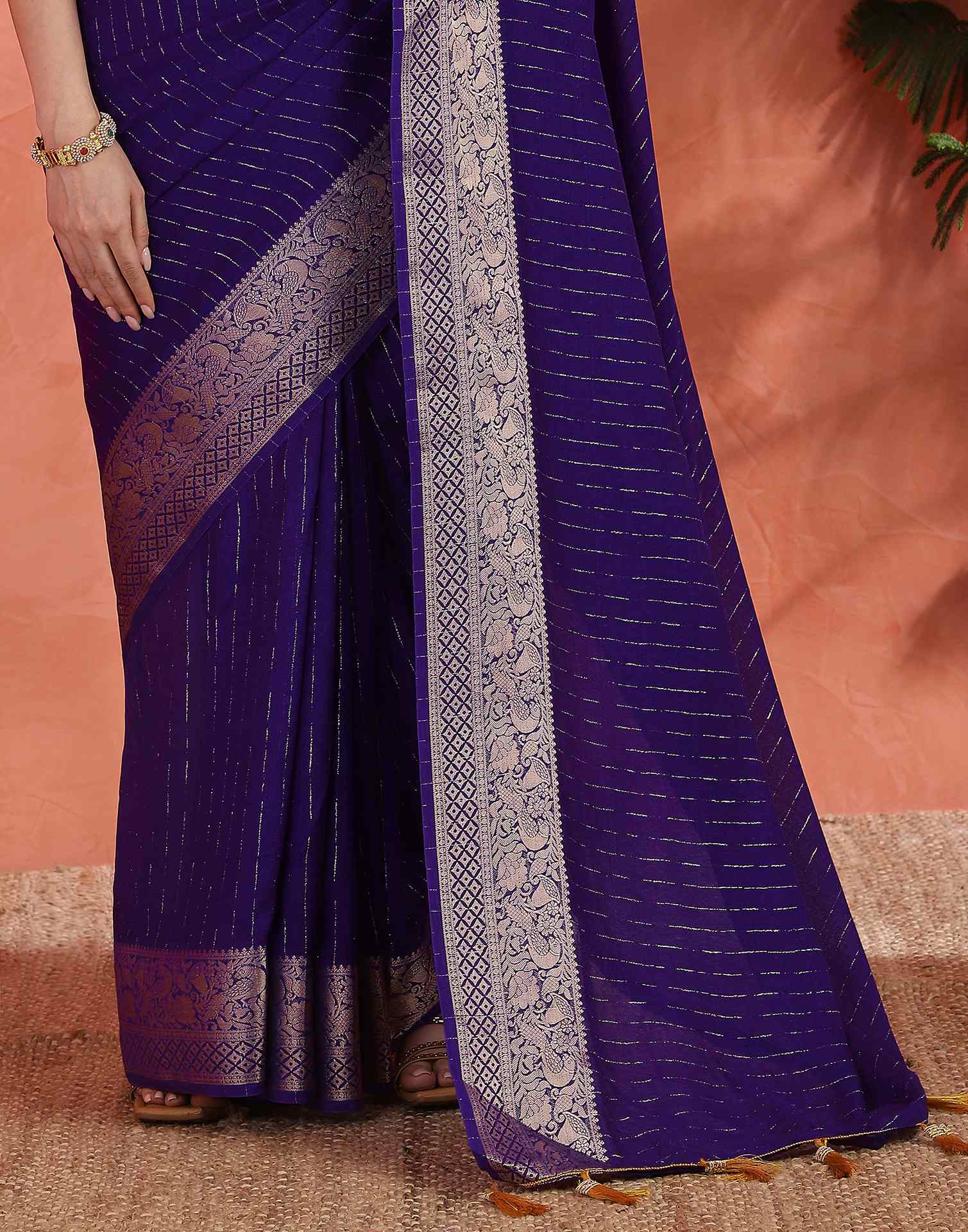 Purple Silk Zari Stripe Saree