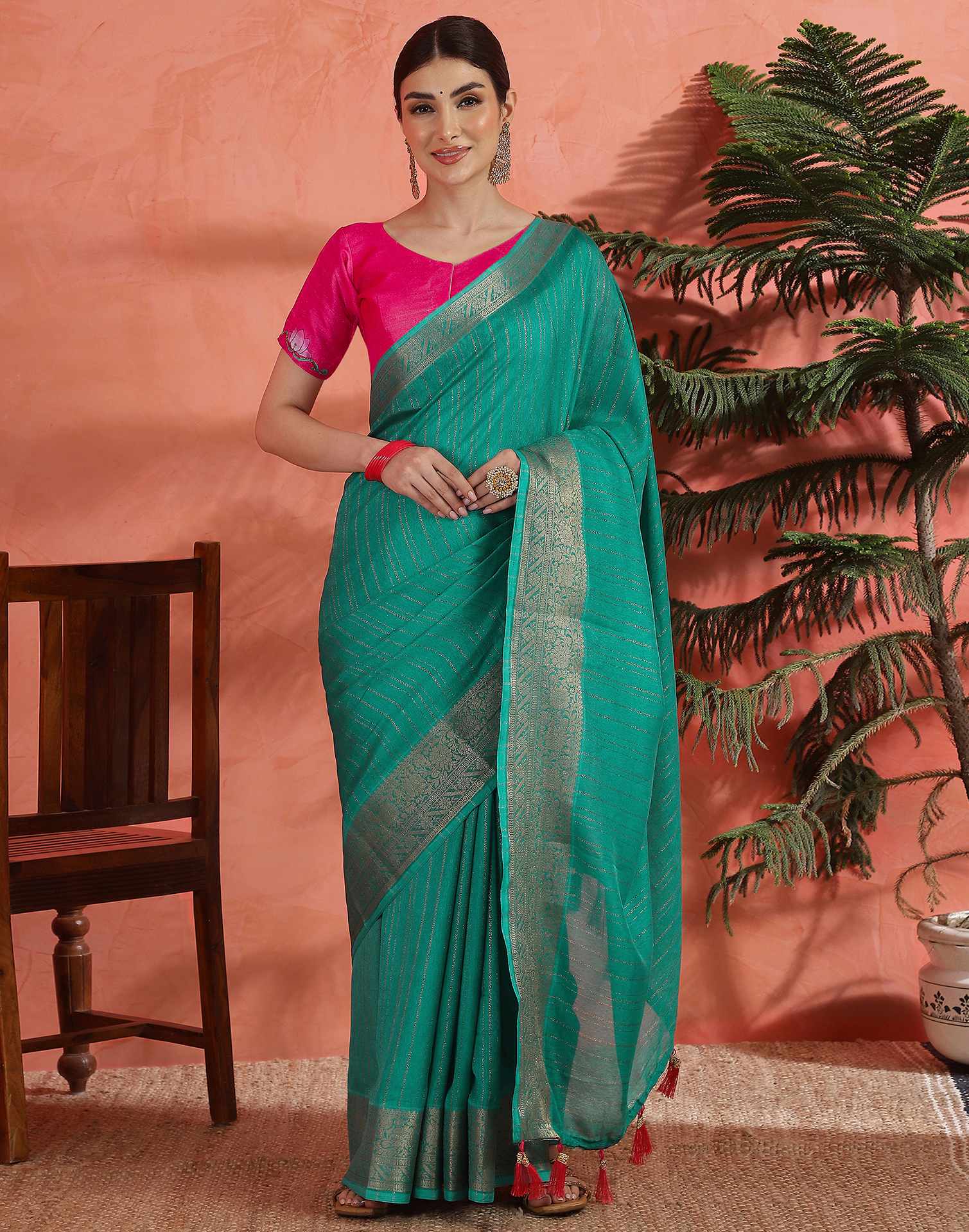 Teal Green Silk Zari Stripe Saree