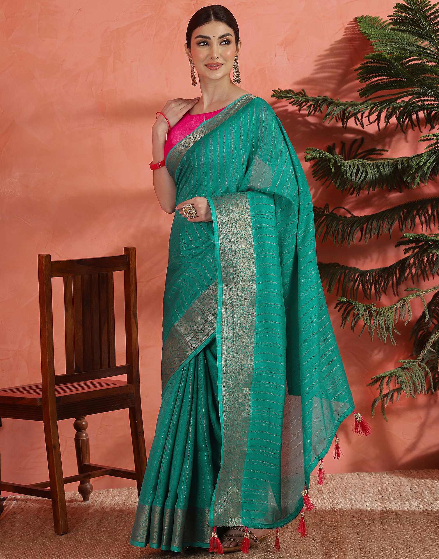 Teal Green Silk Zari Stripe Saree