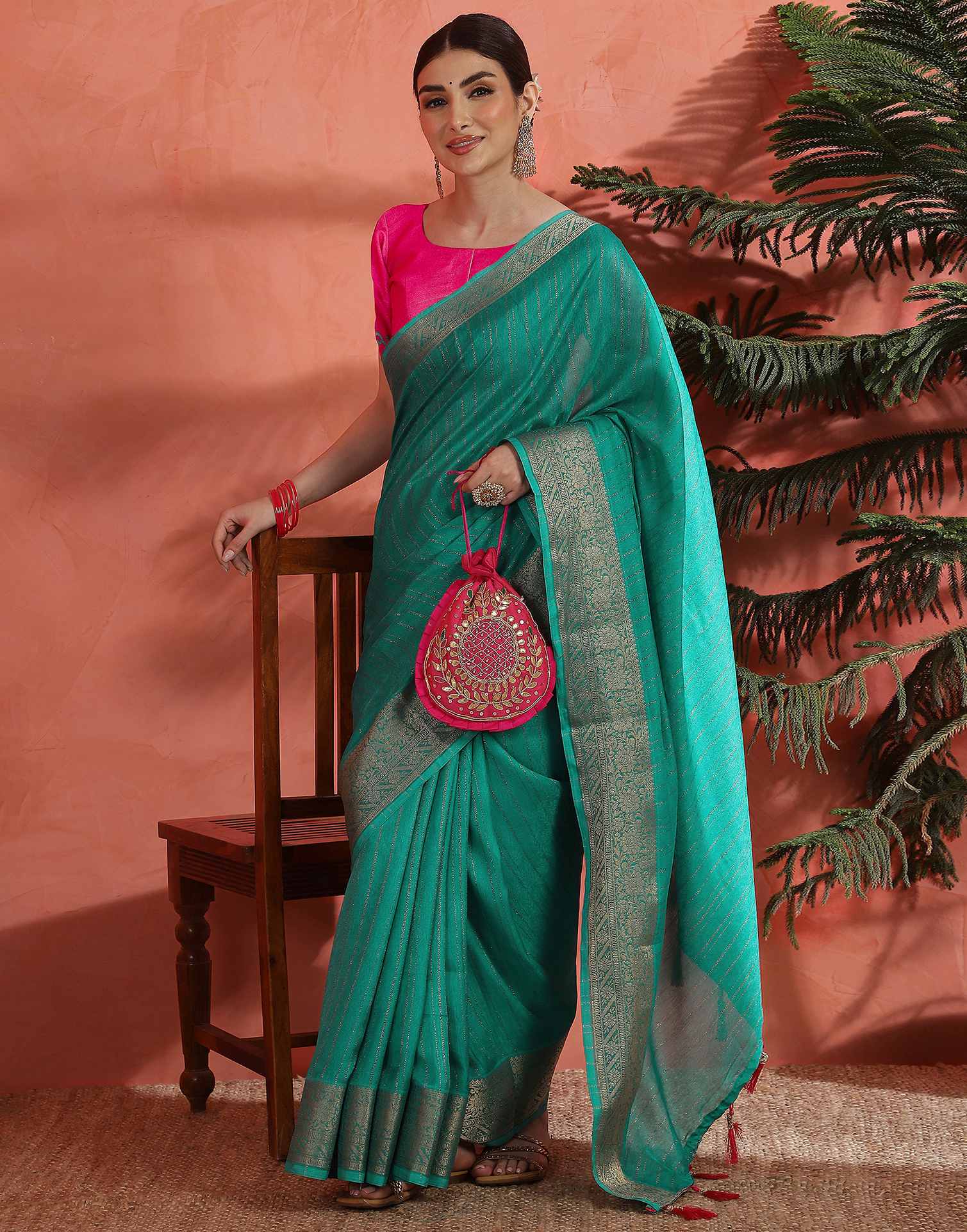 Teal Green Silk Zari Stripe Saree