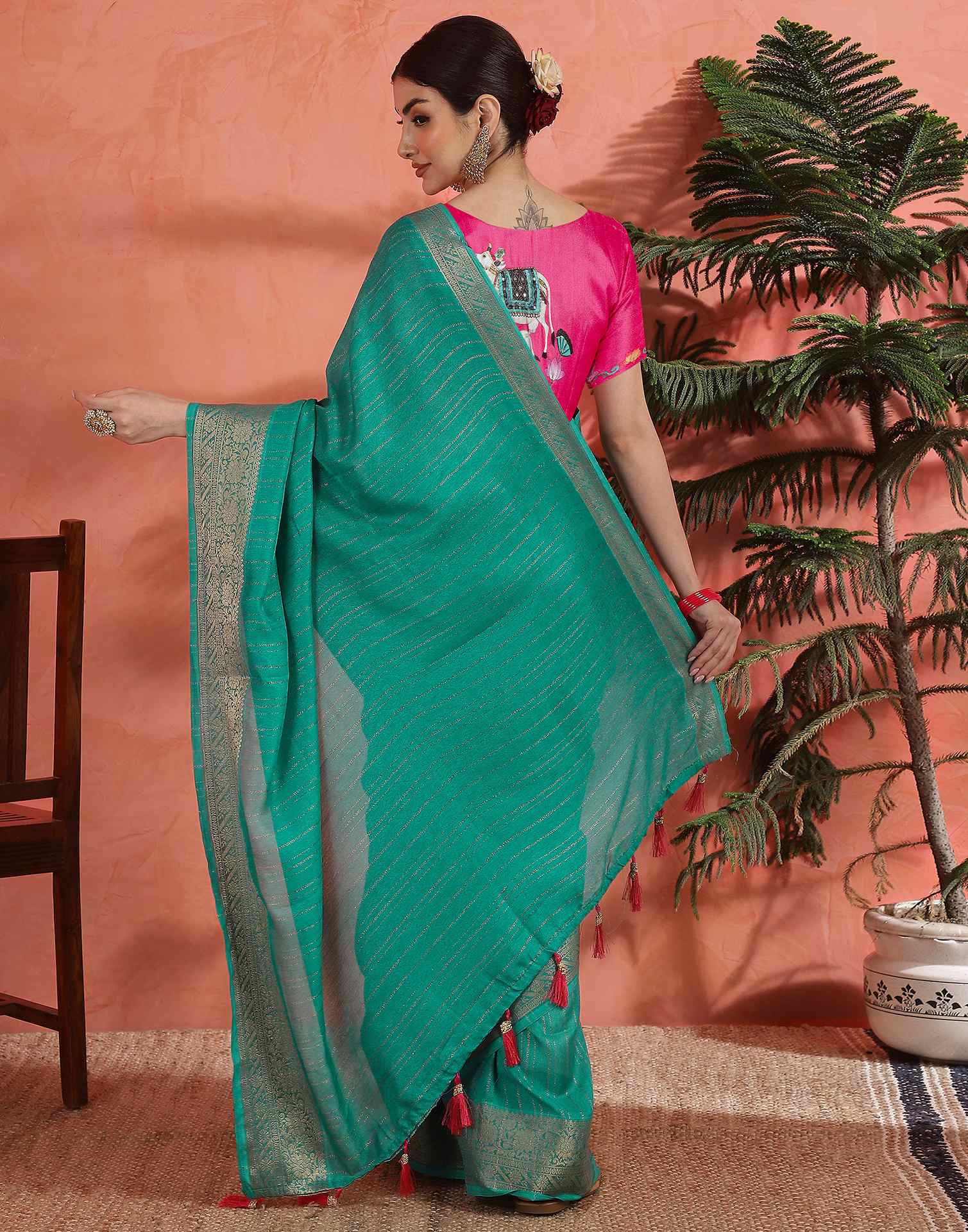 Teal Green Silk Zari Stripe Saree