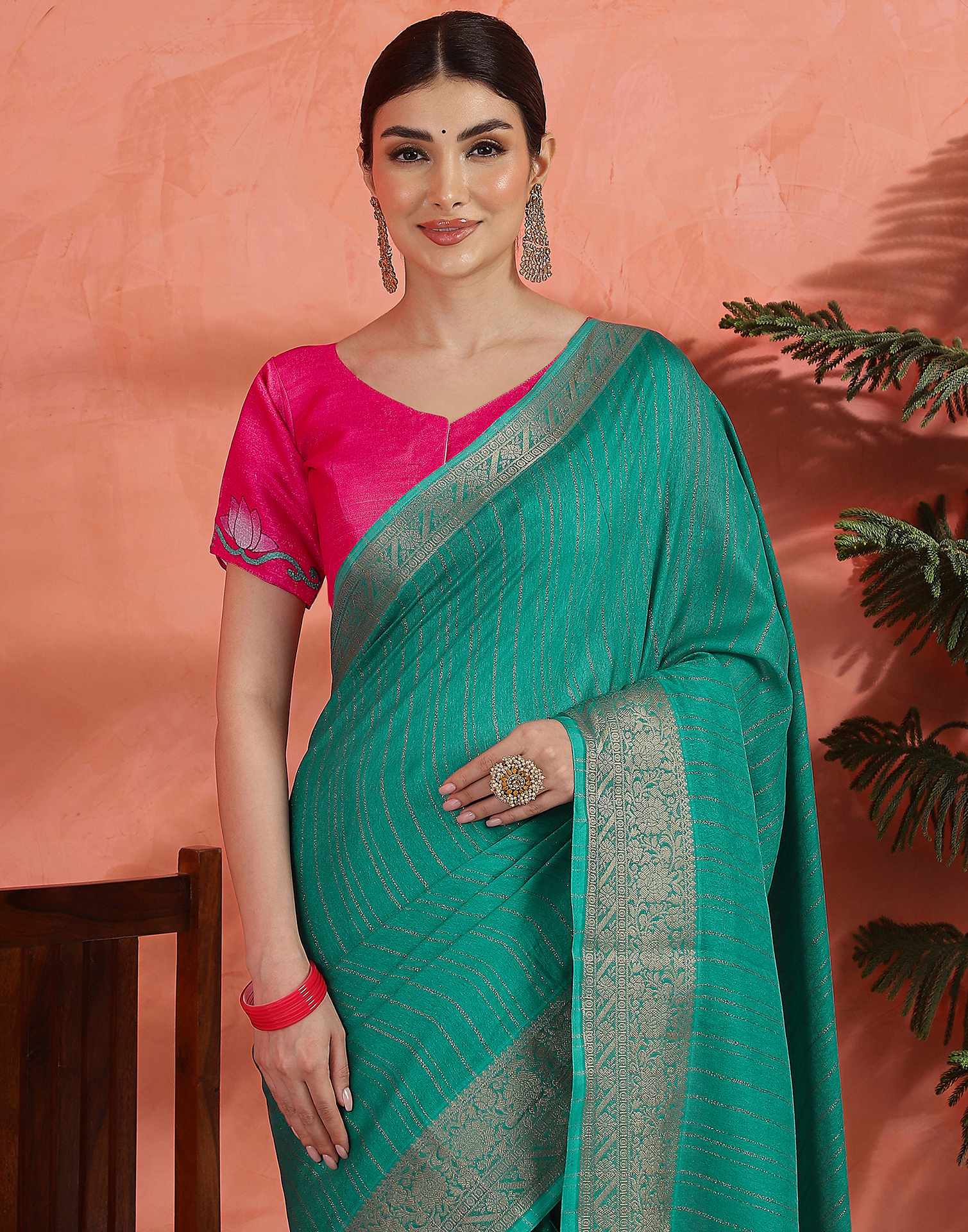Teal Green Silk Zari Stripe Saree