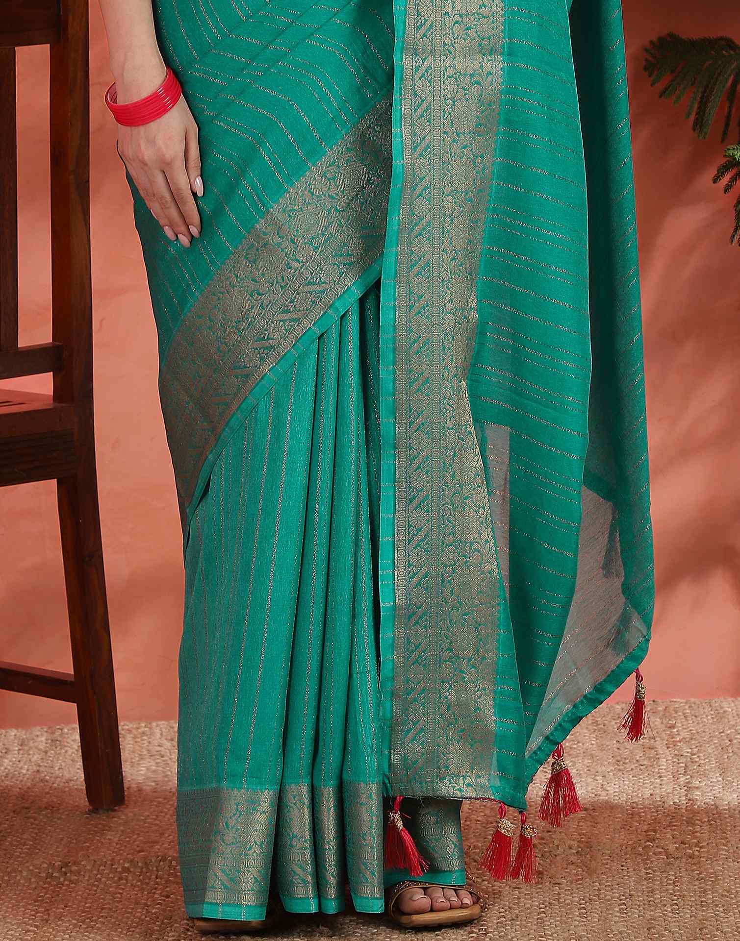 Teal Green Silk Zari Stripe Saree