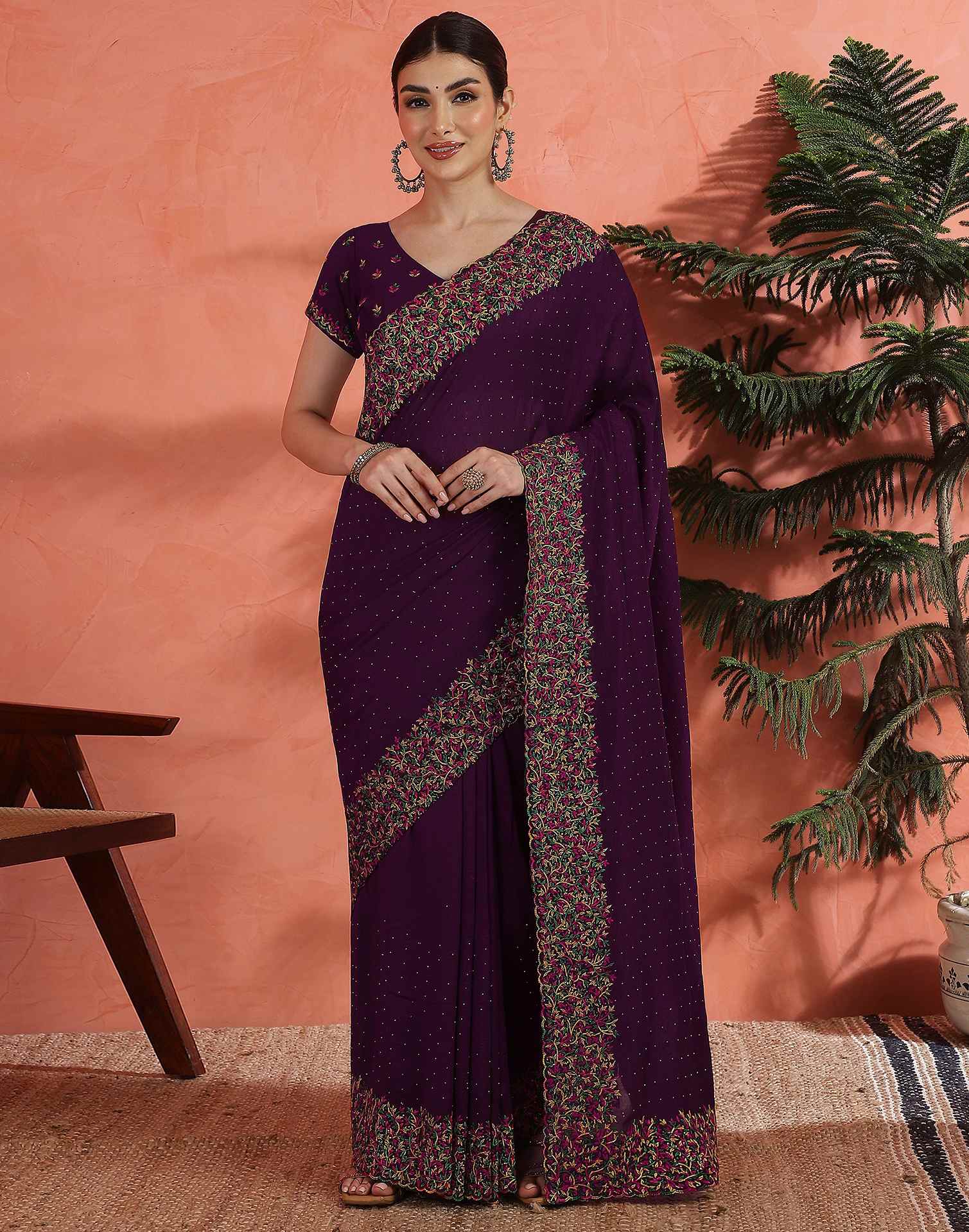 Wine Chinnon Embroidery Swarovski Saree