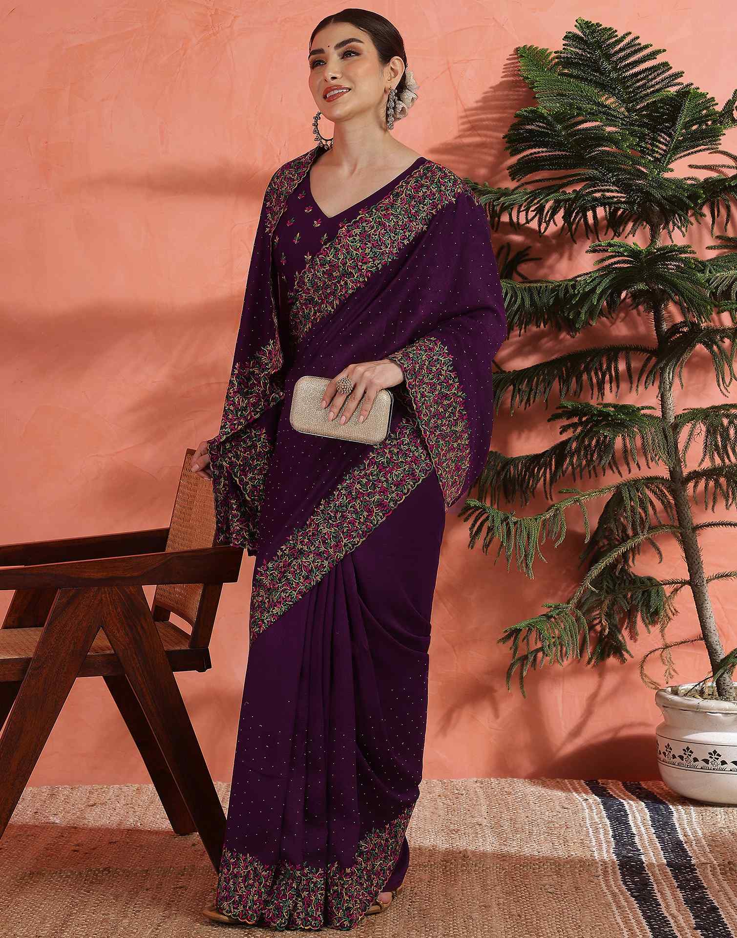 Wine Chinnon Embroidery Swarovski Saree