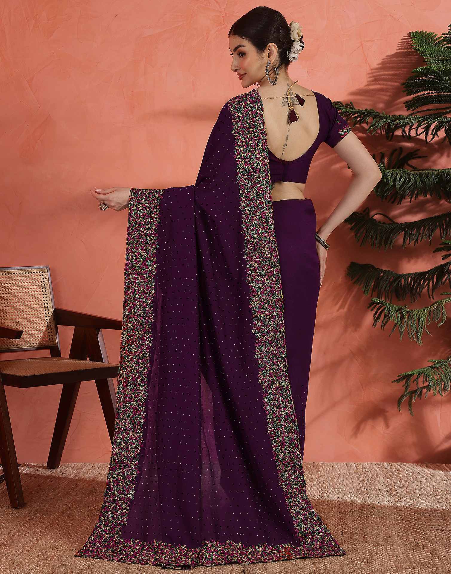 Wine Chinnon Embroidery Swarovski Saree