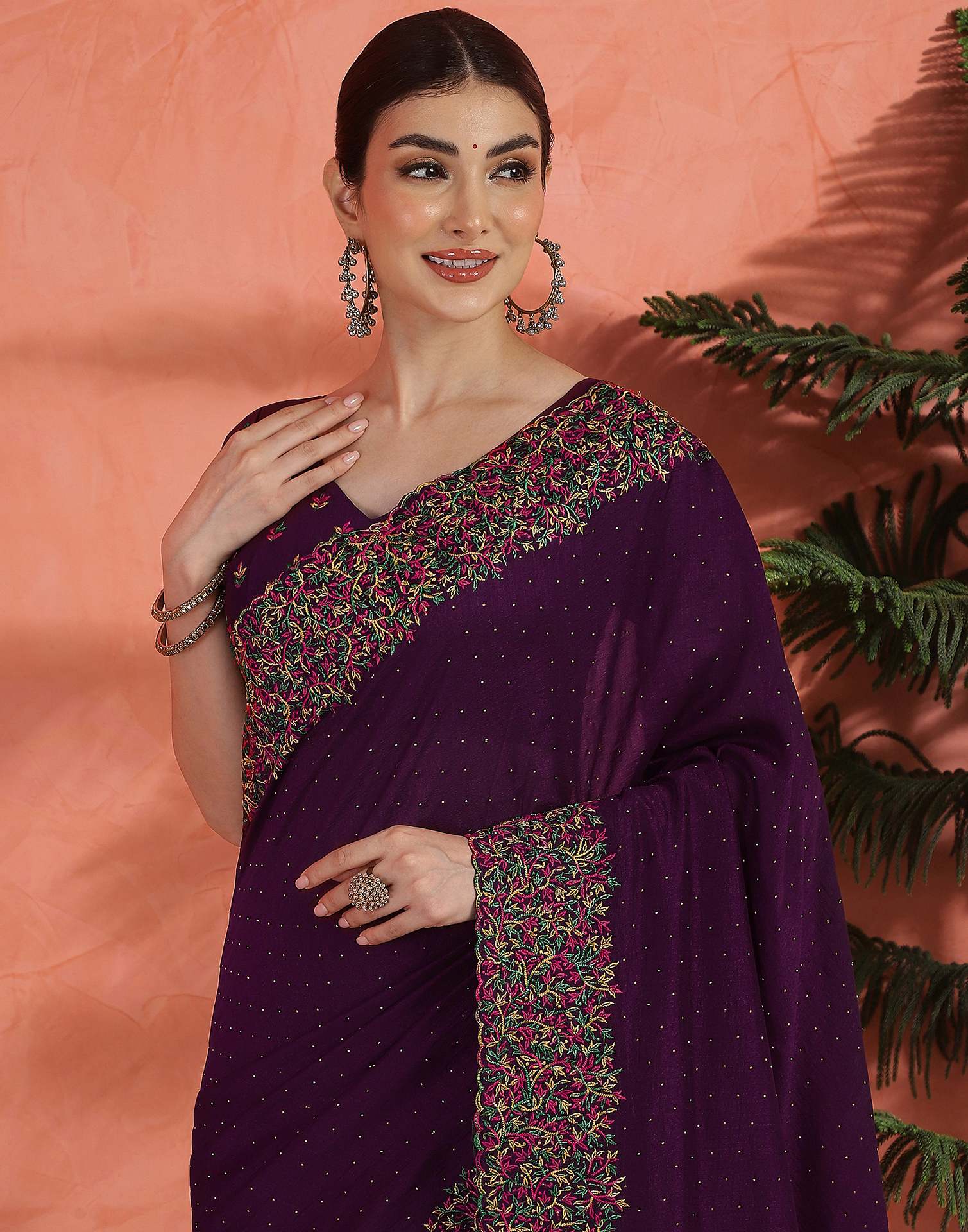 Wine Chinnon Embroidery Swarovski Saree