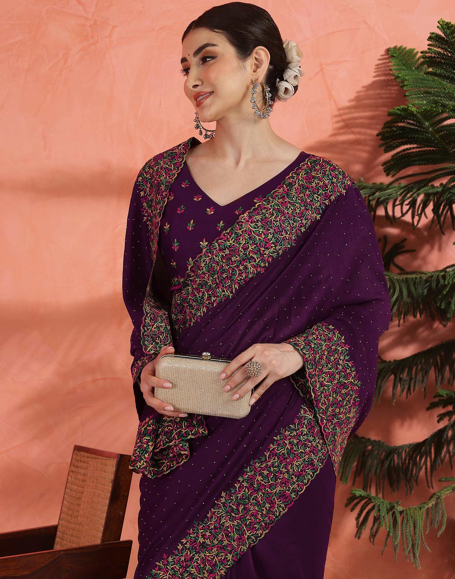 Wine Chinnon Embroidery Swarovski Saree