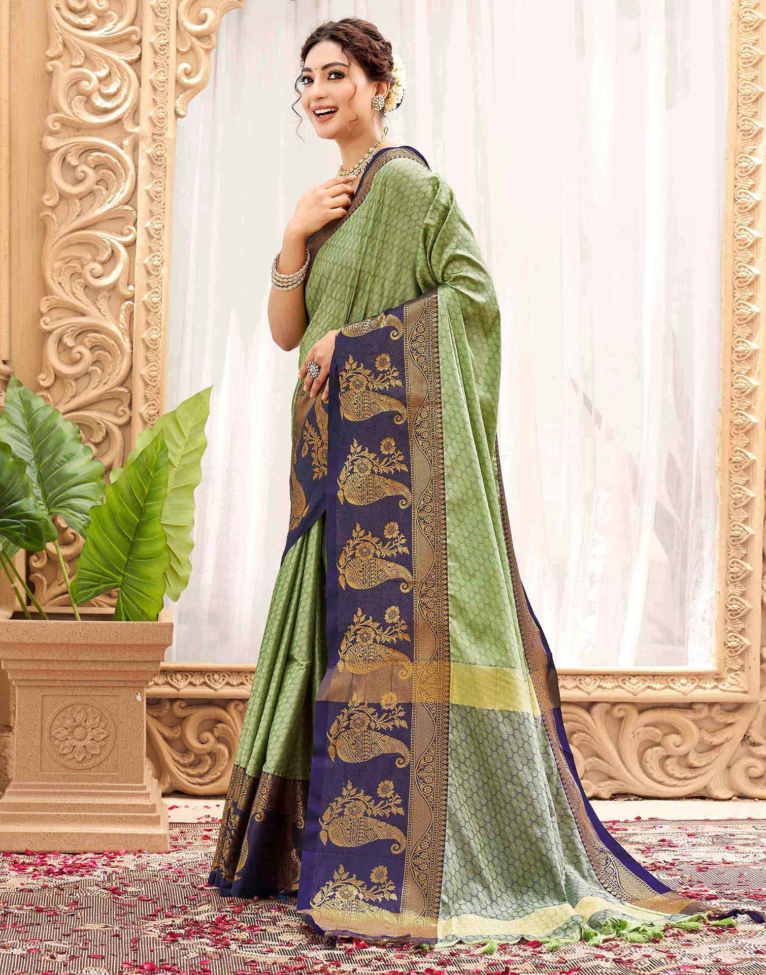 Pista Green Silk Woven Kanjivaram Saree