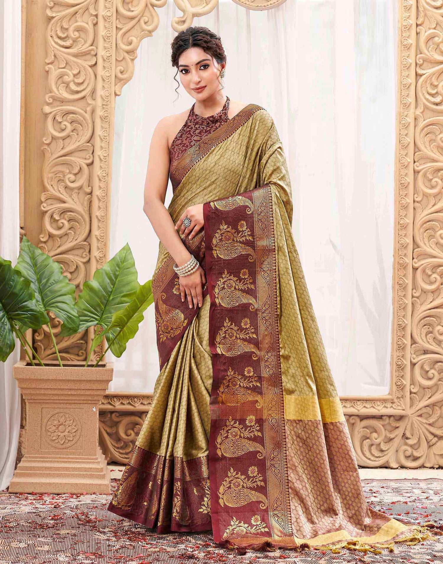 Khaki Silk Woven Kanjivaram Saree