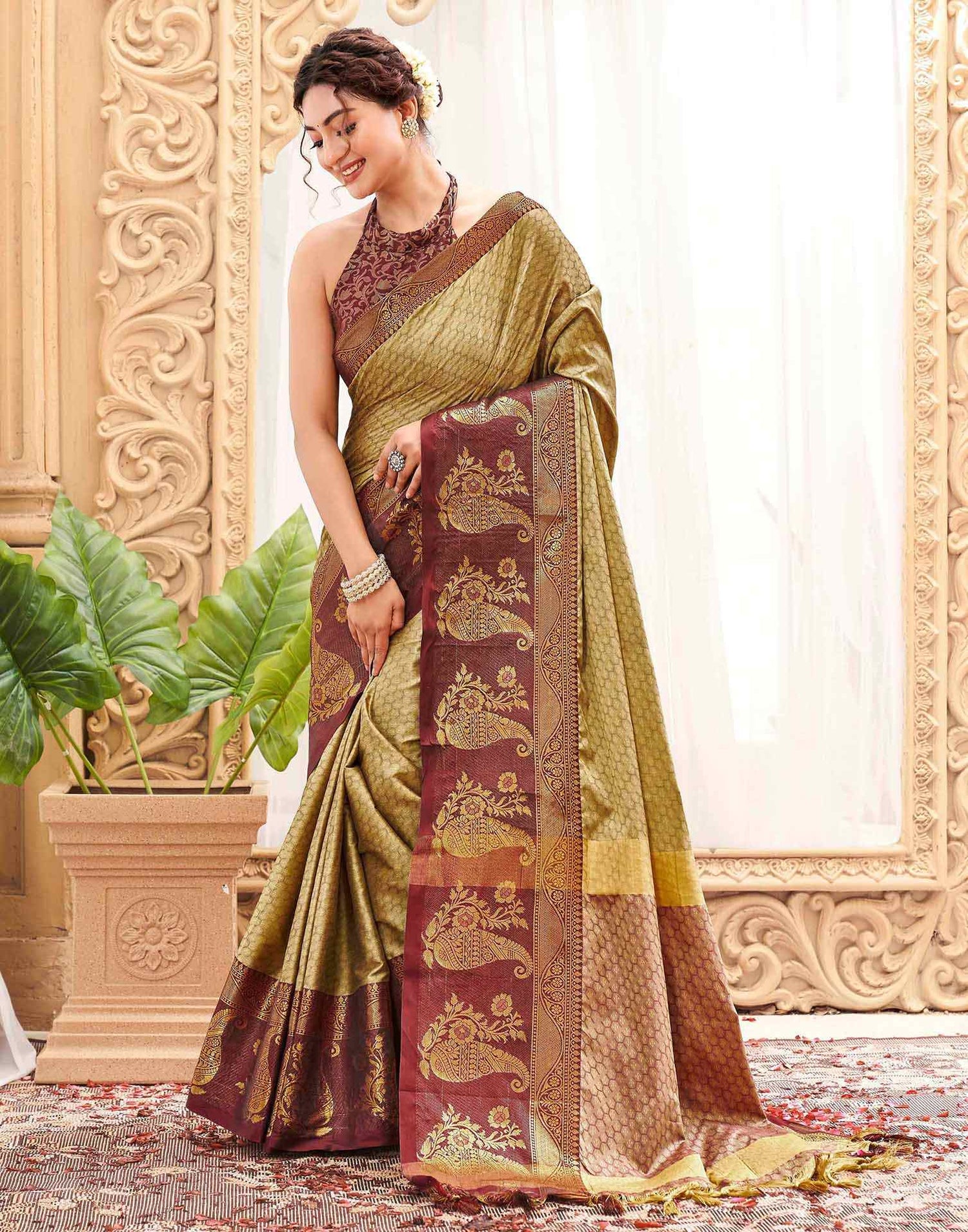 Khaki Silk Woven Kanjivaram Saree