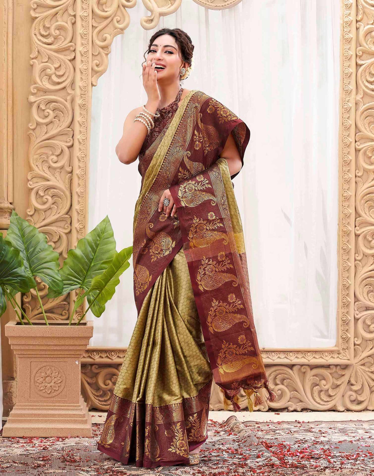 Khaki Silk Woven Kanjivaram Saree