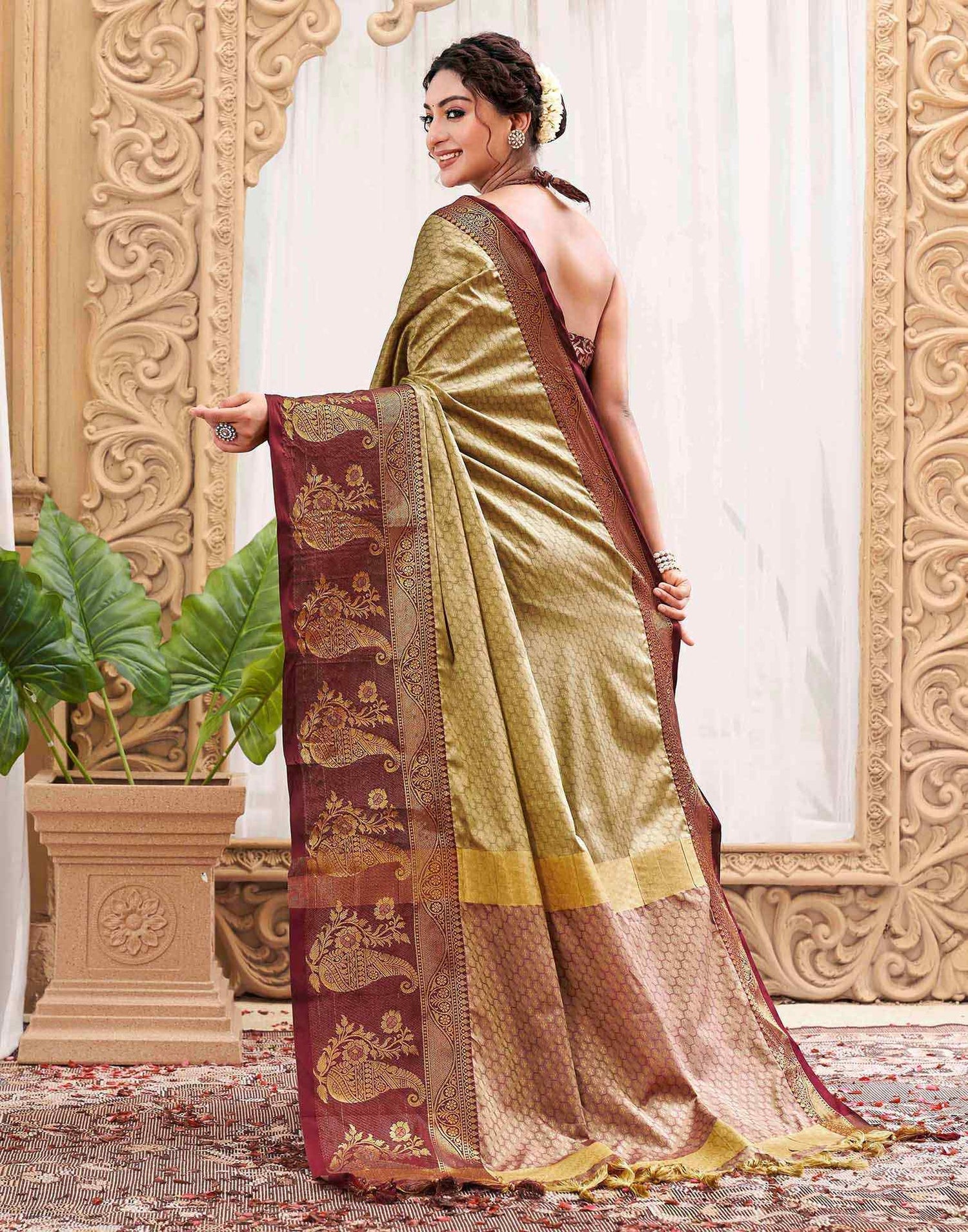 Khaki Silk Woven Kanjivaram Saree
