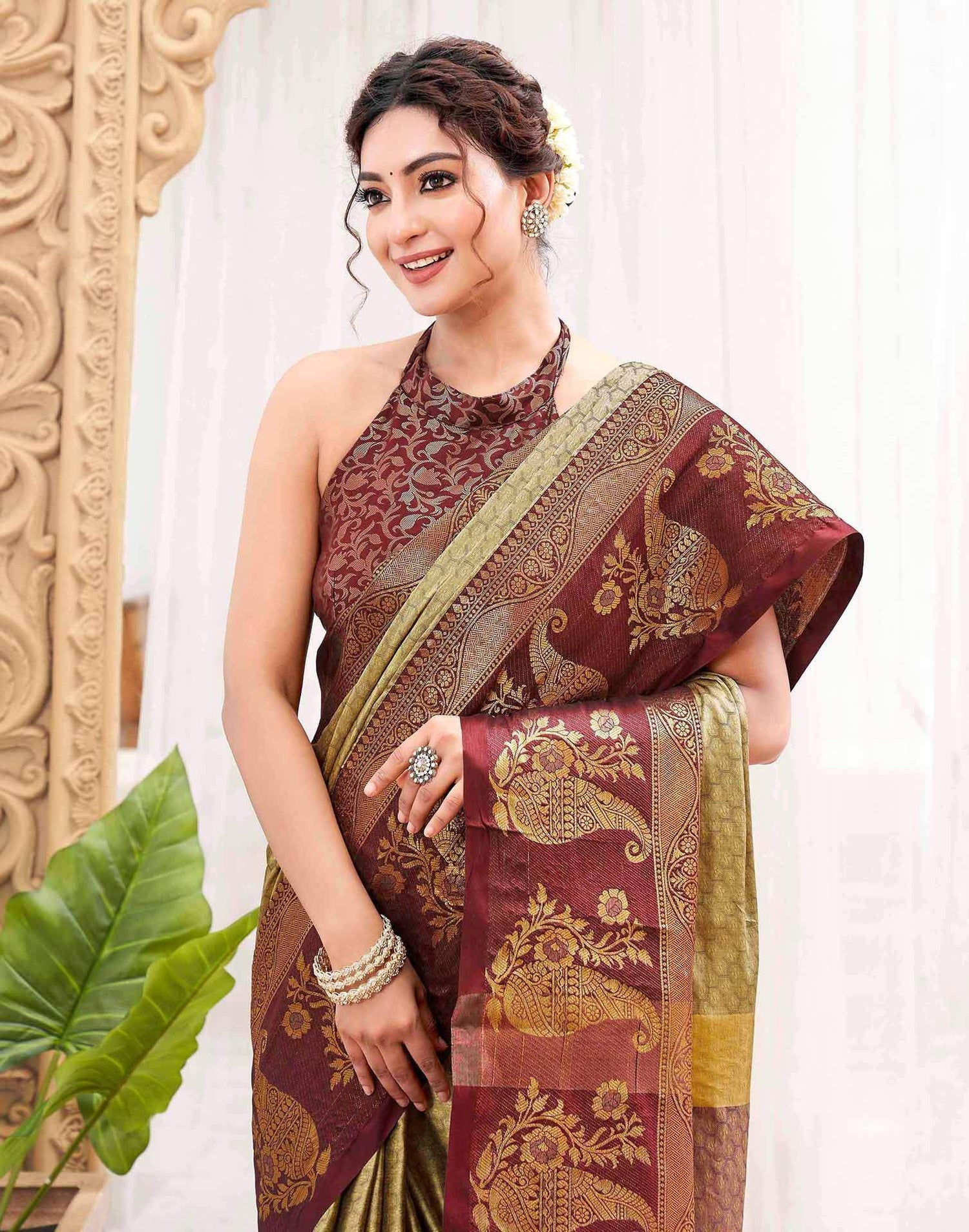 Khaki Silk Woven Kanjivaram Saree