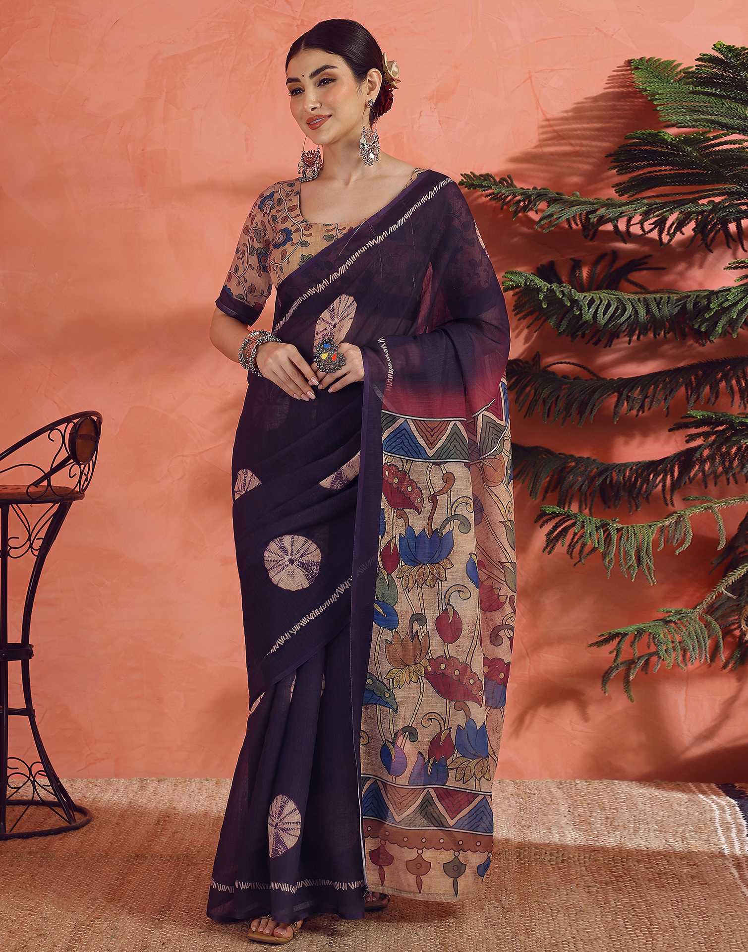 Dark Purple Linen Printed Saree