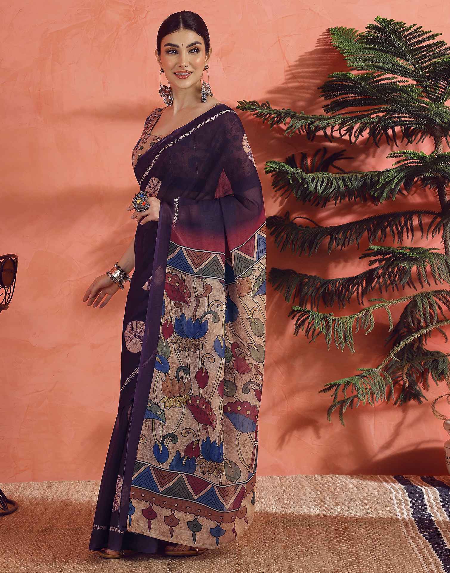Dark Purple Linen Printed Saree