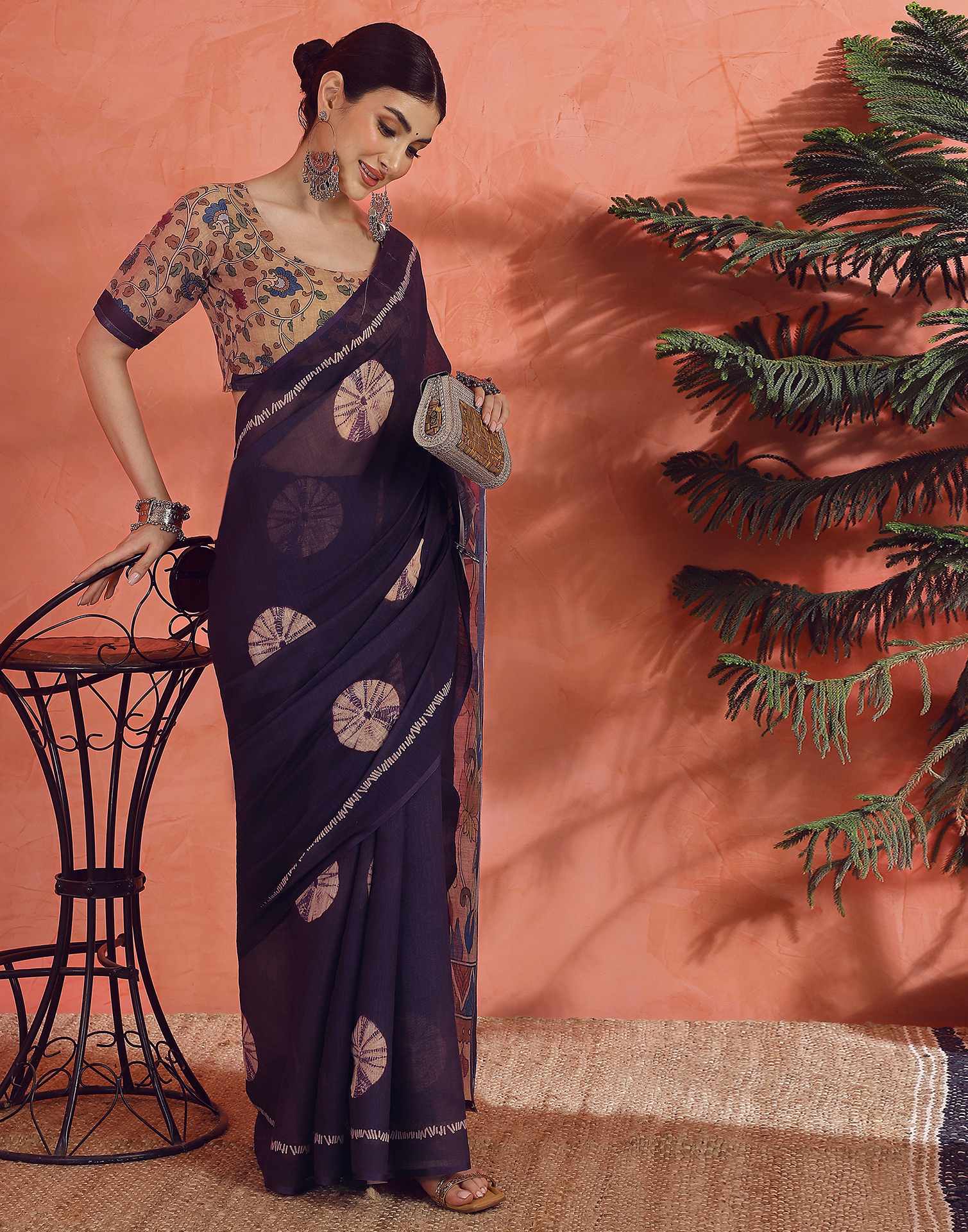 Dark Purple Linen Printed Saree