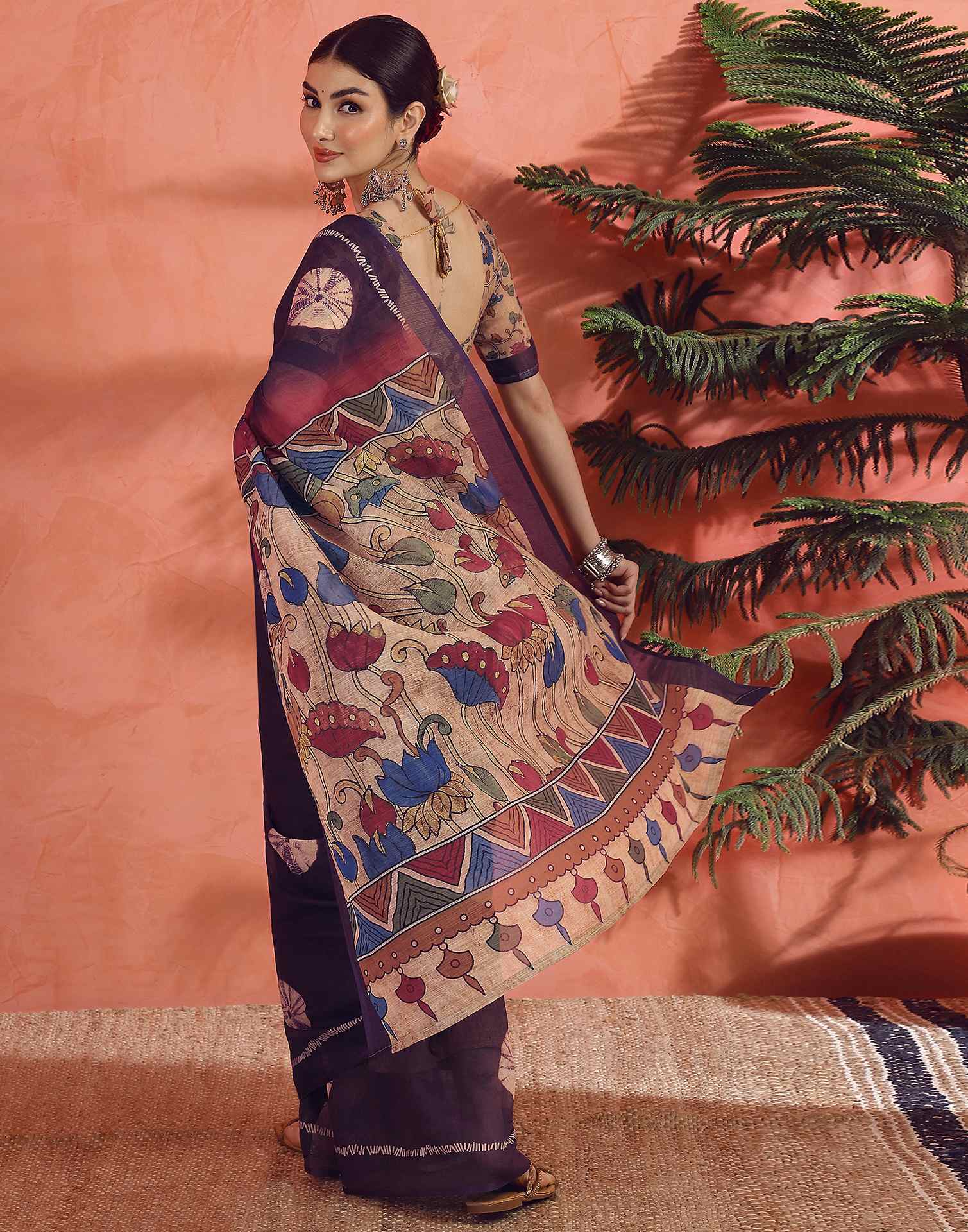 Dark Purple Linen Printed Saree