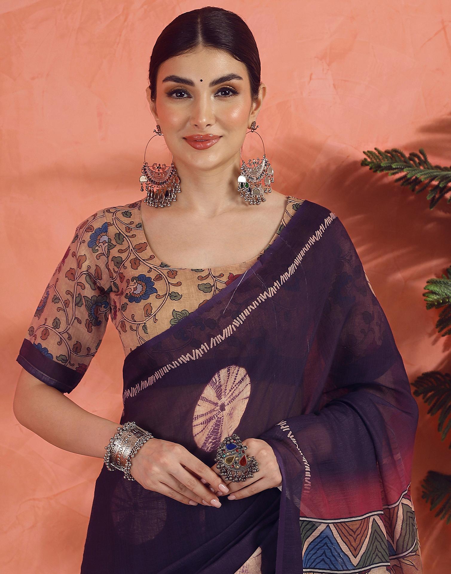 Dark Purple Linen Printed Saree