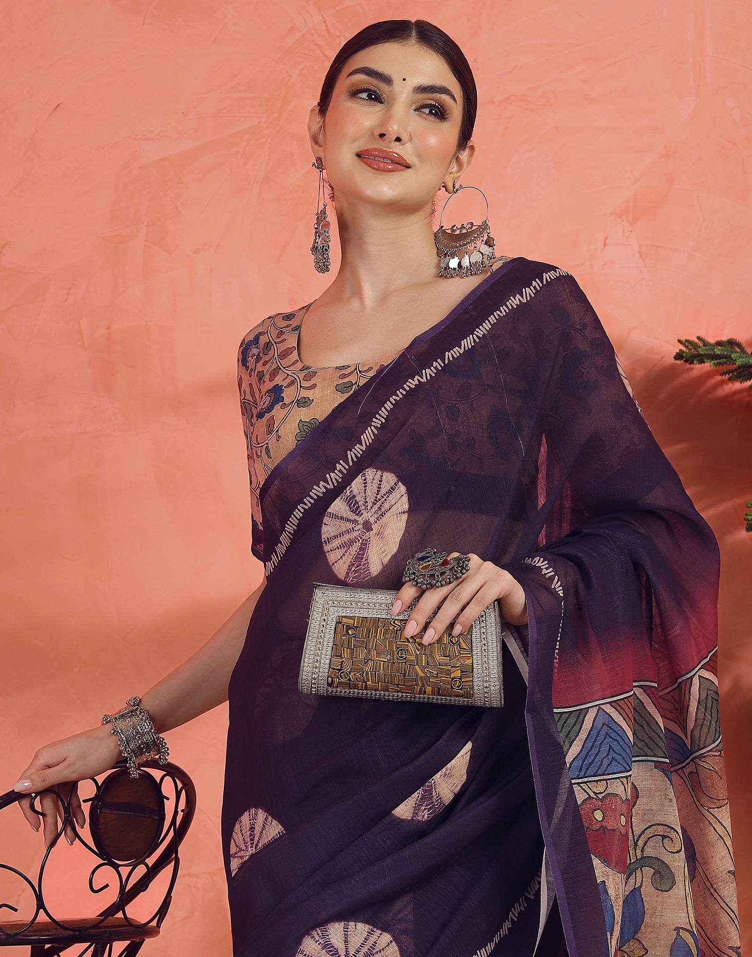 Dark Purple Linen Printed Saree