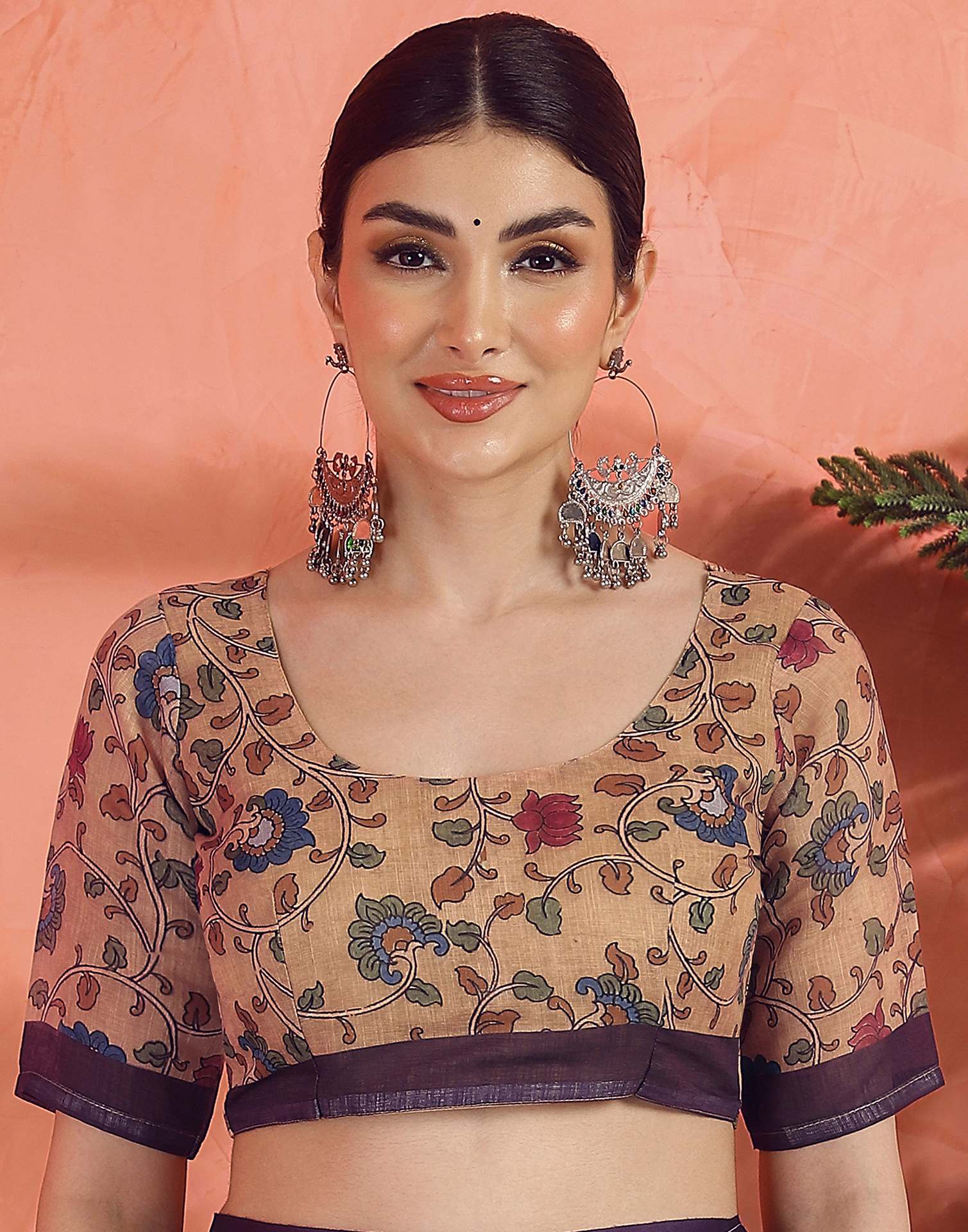 Dark Purple Linen Printed Saree