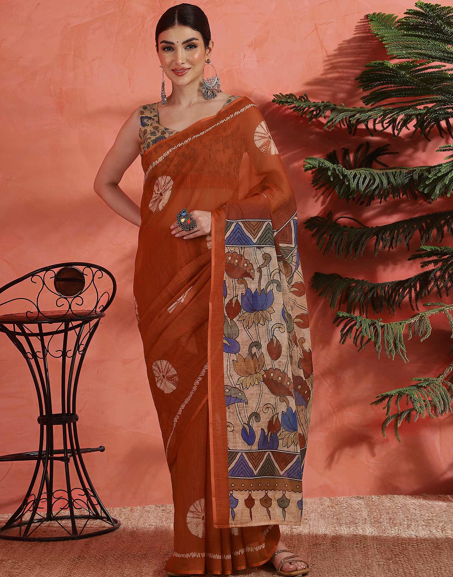 Orange Linen Printed Saree