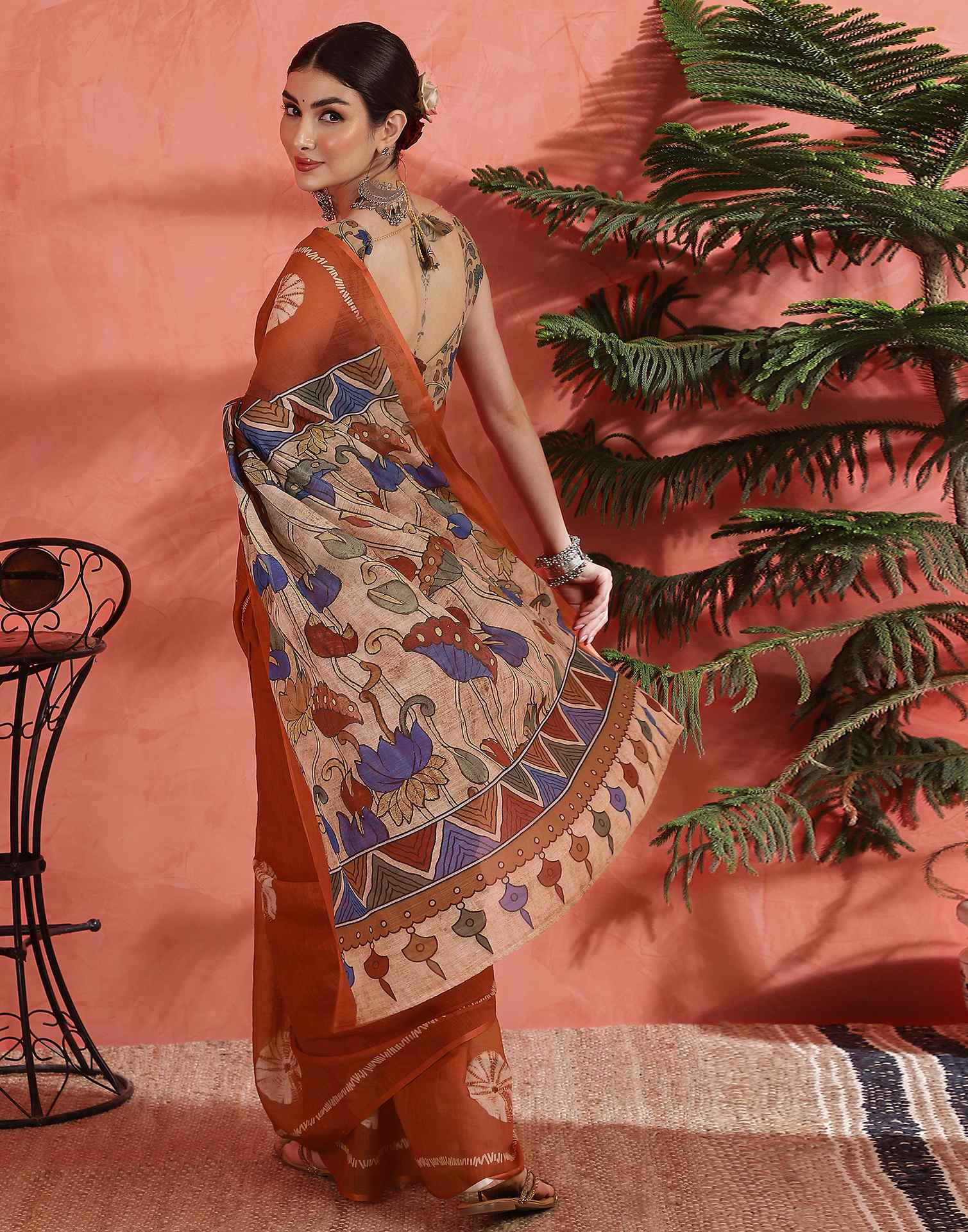 Orange Linen Printed Saree