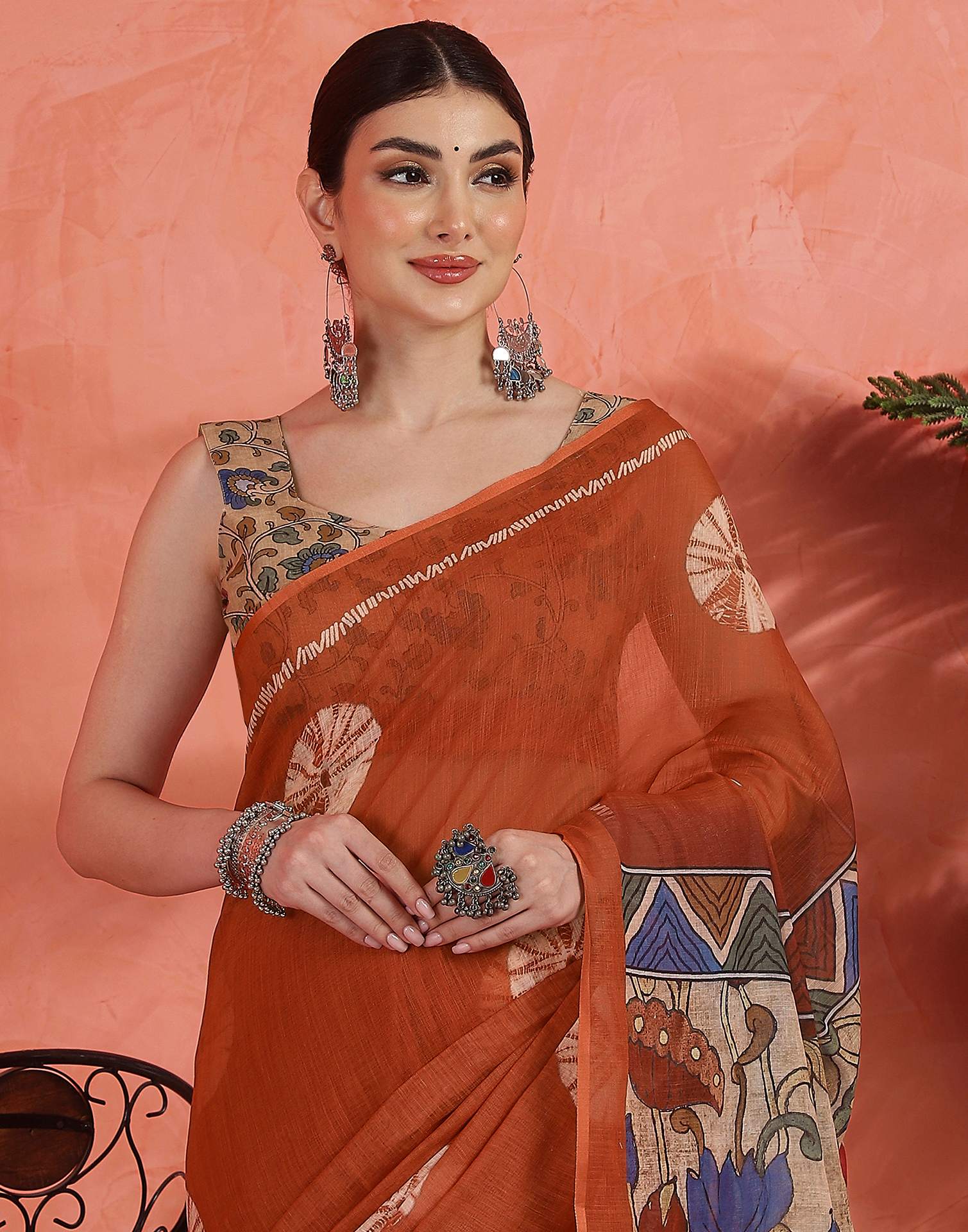 Orange Linen Printed Saree