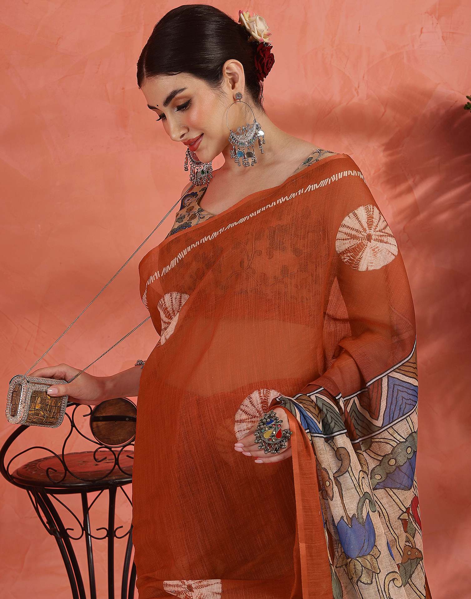 Orange Linen Printed Saree