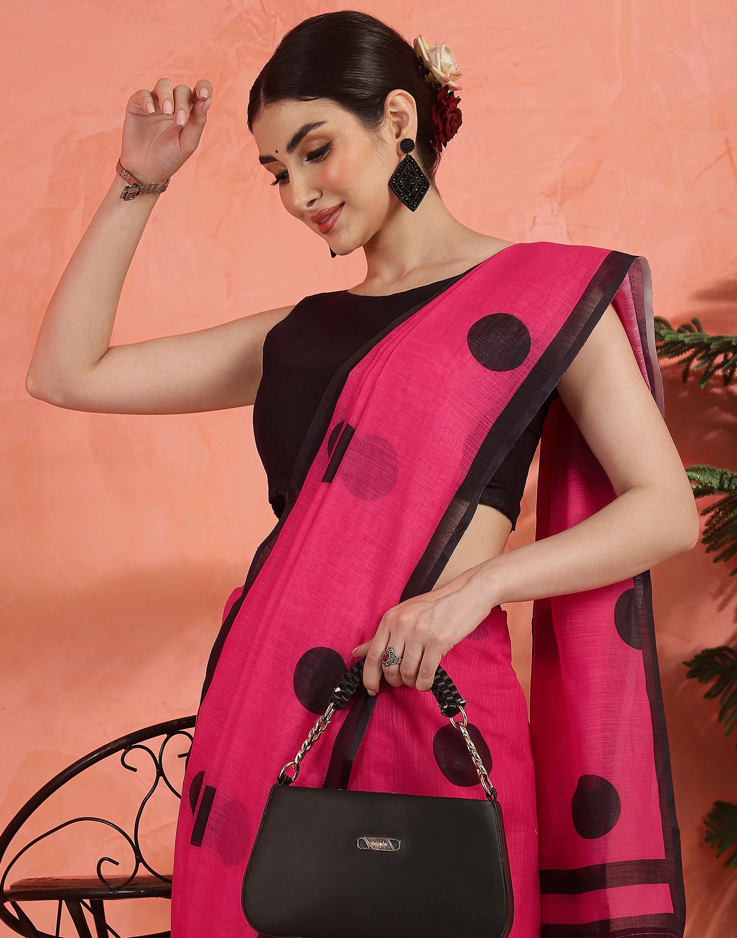 Bright Pink Linen Printed Saree