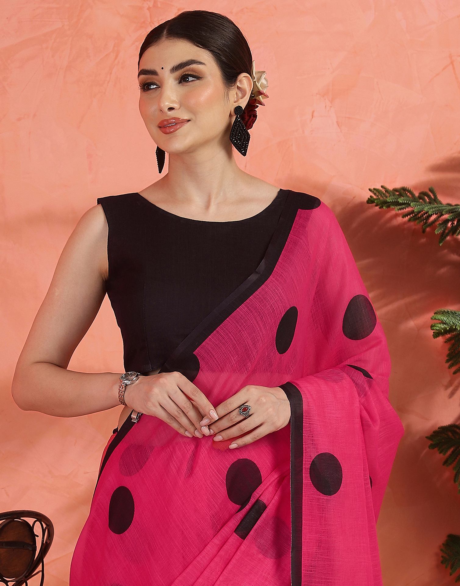 Bright Pink Linen Printed Saree