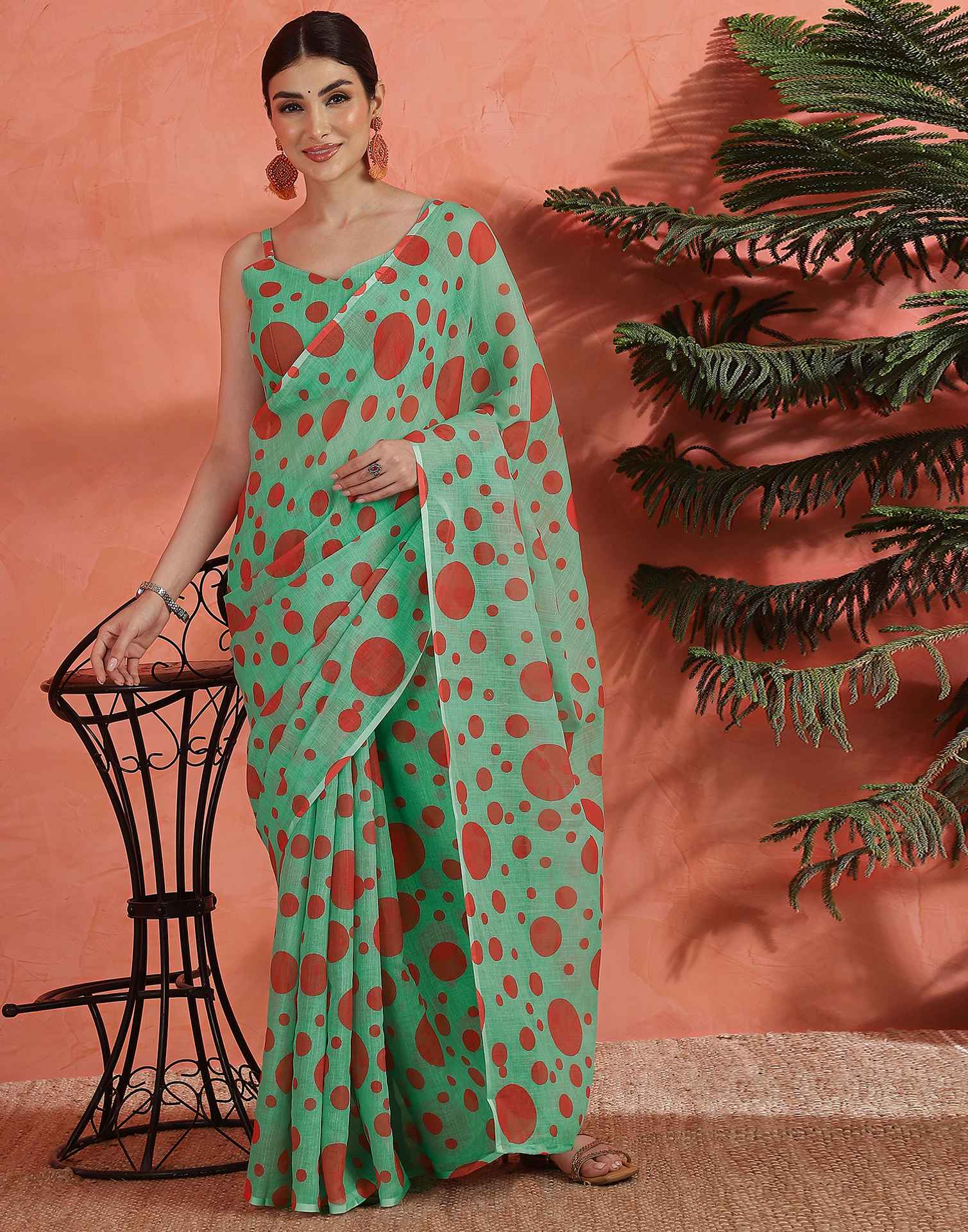 Pista Green Linen Printed Saree