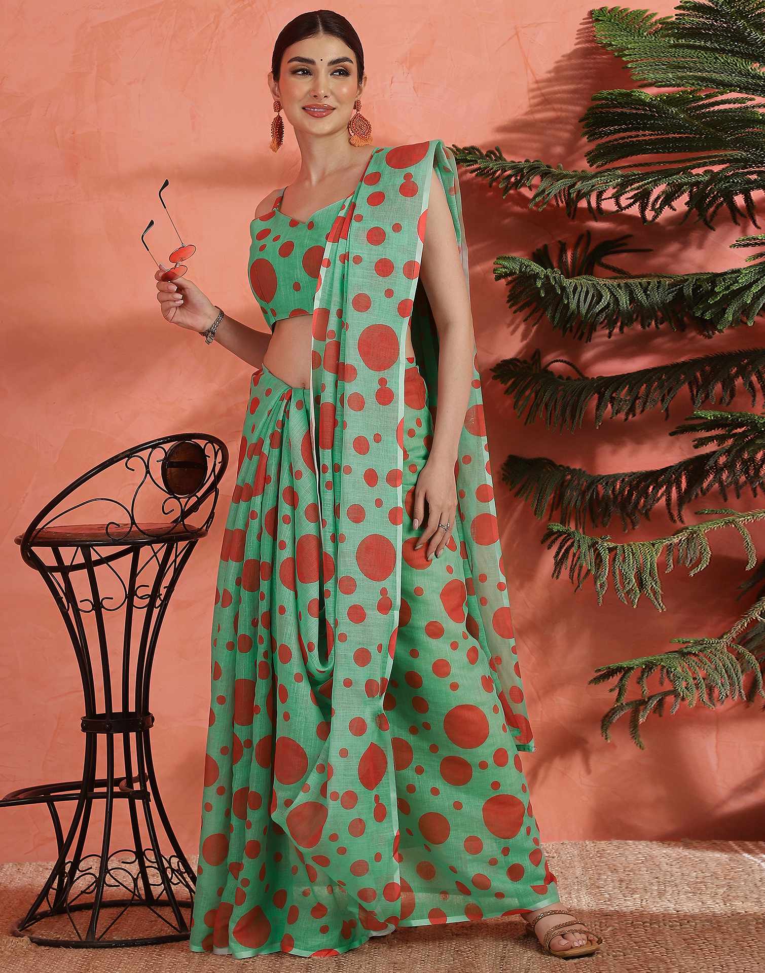Pista Green Linen Printed Saree