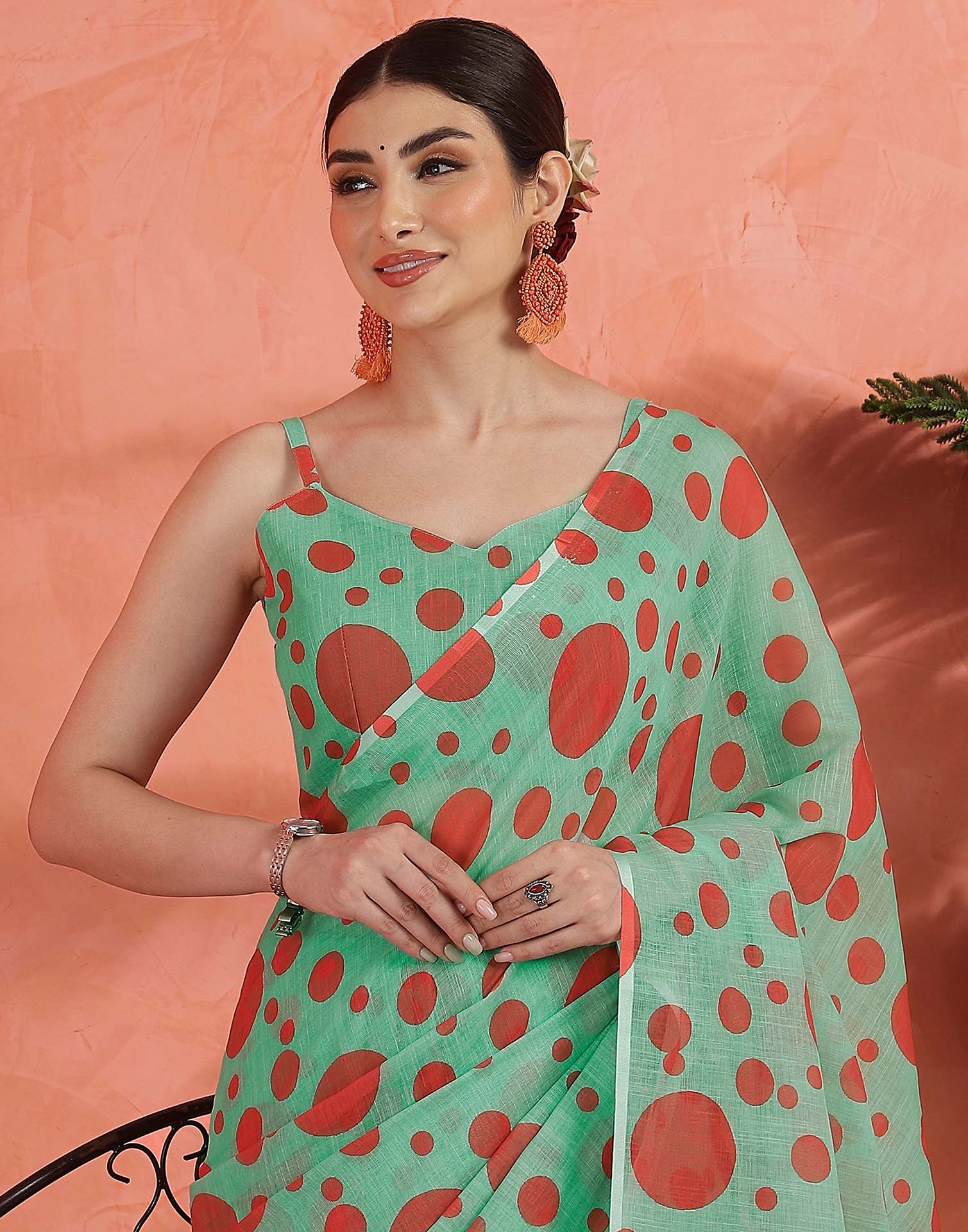 Pista Green Linen Printed Saree