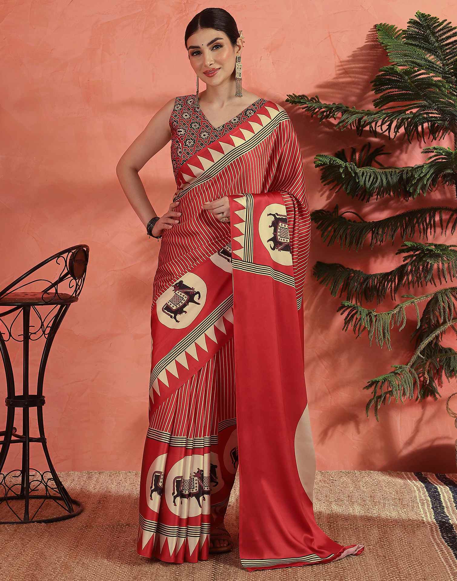 Red Satin Printed Saree