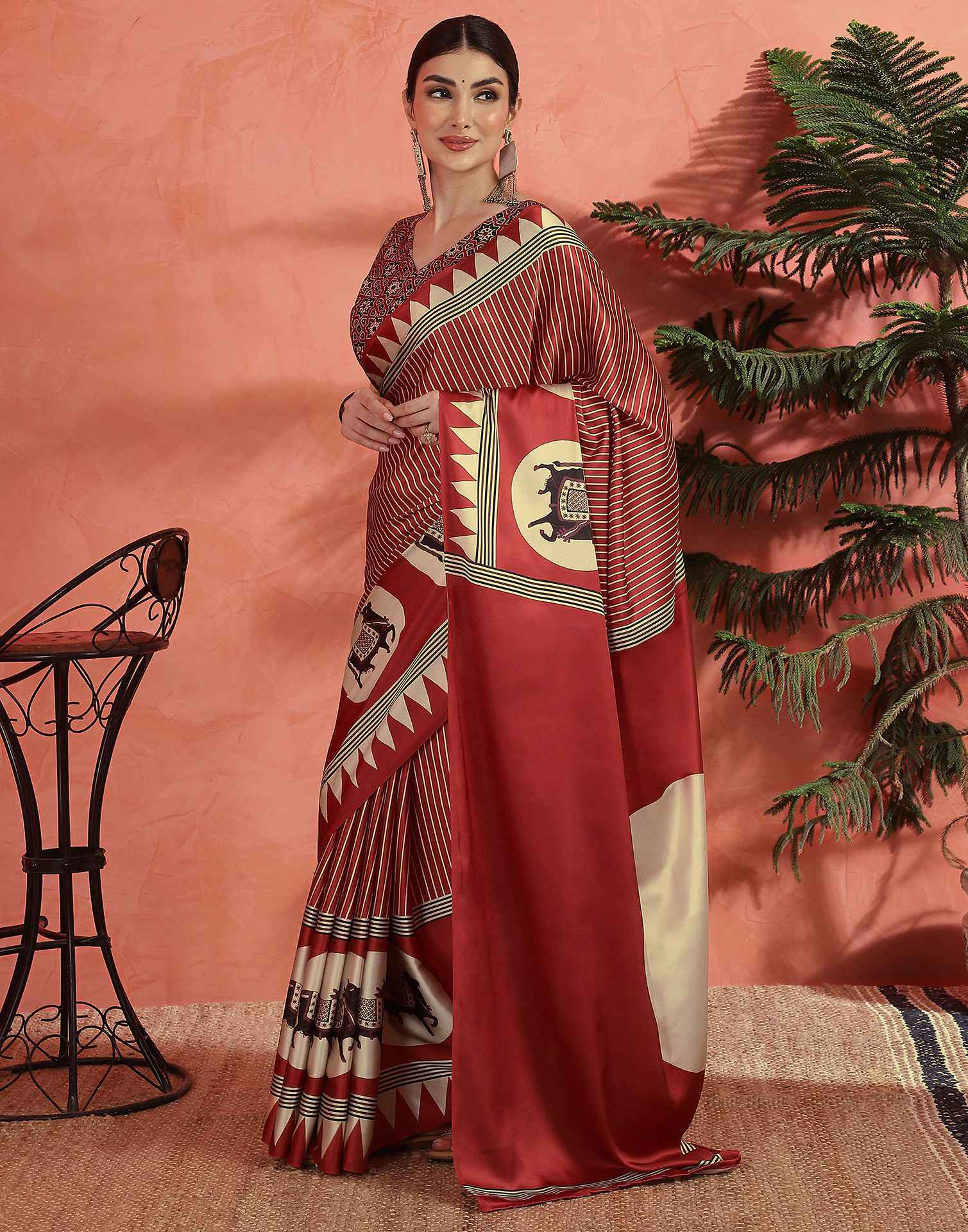 Red Satin Printed Saree
