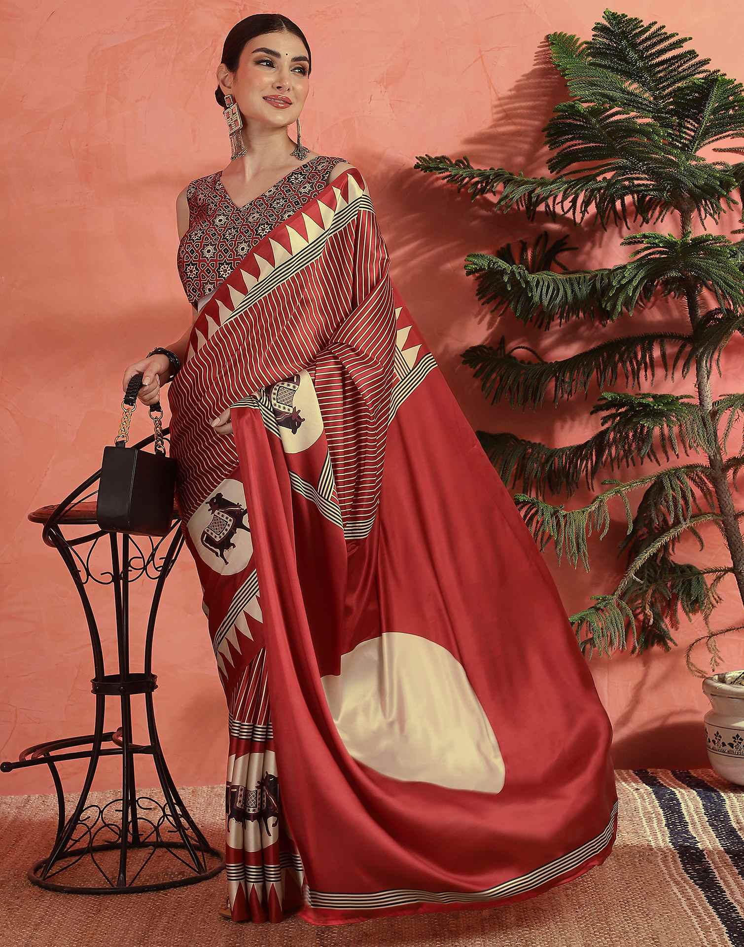 Red Satin Printed Saree