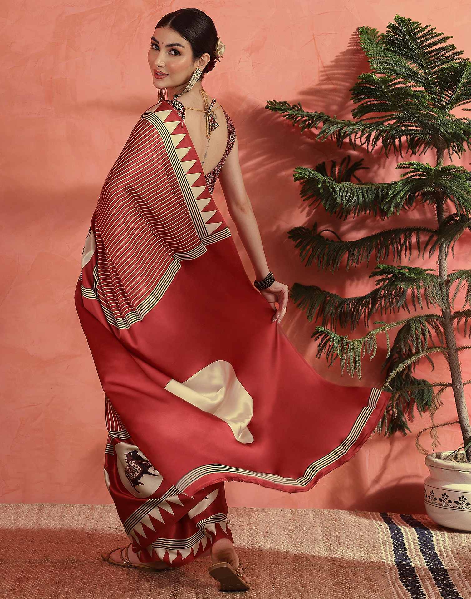 Red Satin Printed Saree