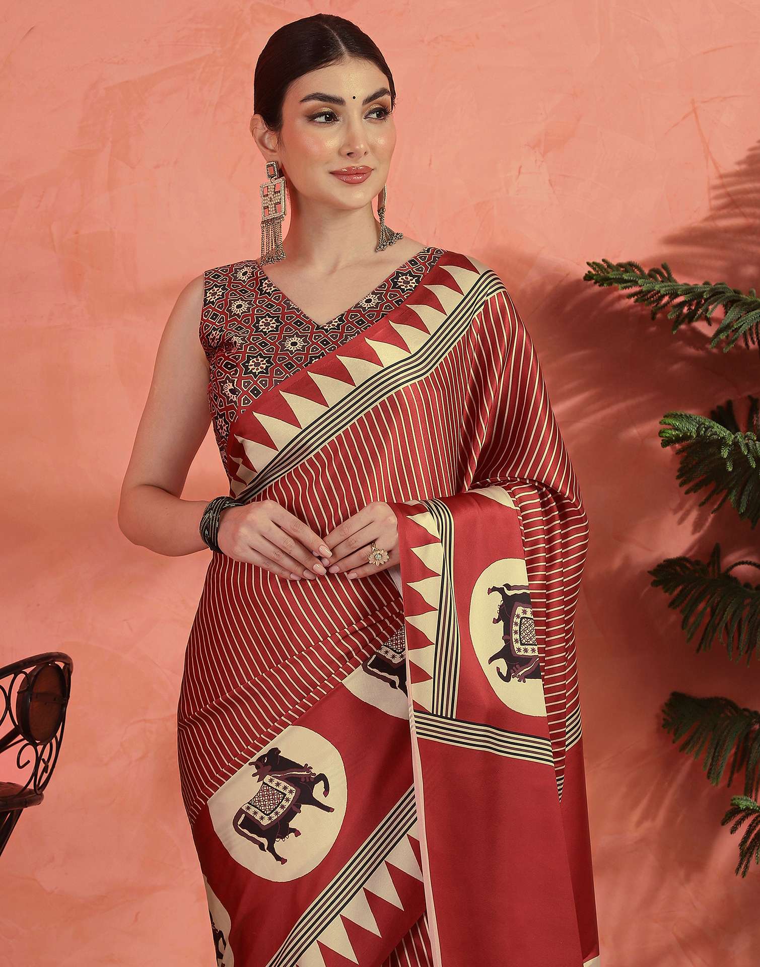 Red Satin Printed Saree