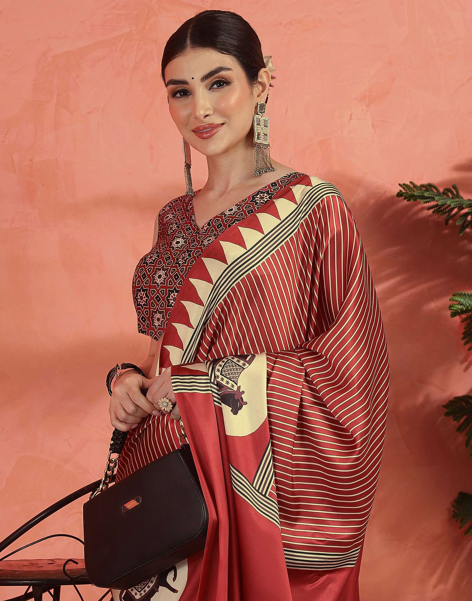 Red Satin Printed Saree