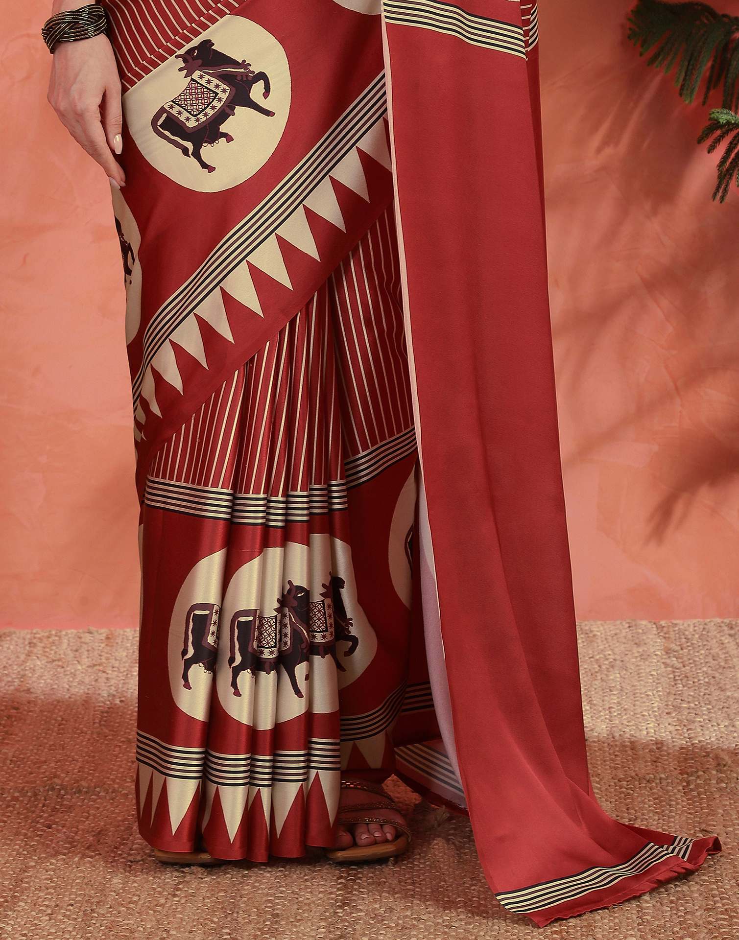 Red Satin Printed Saree