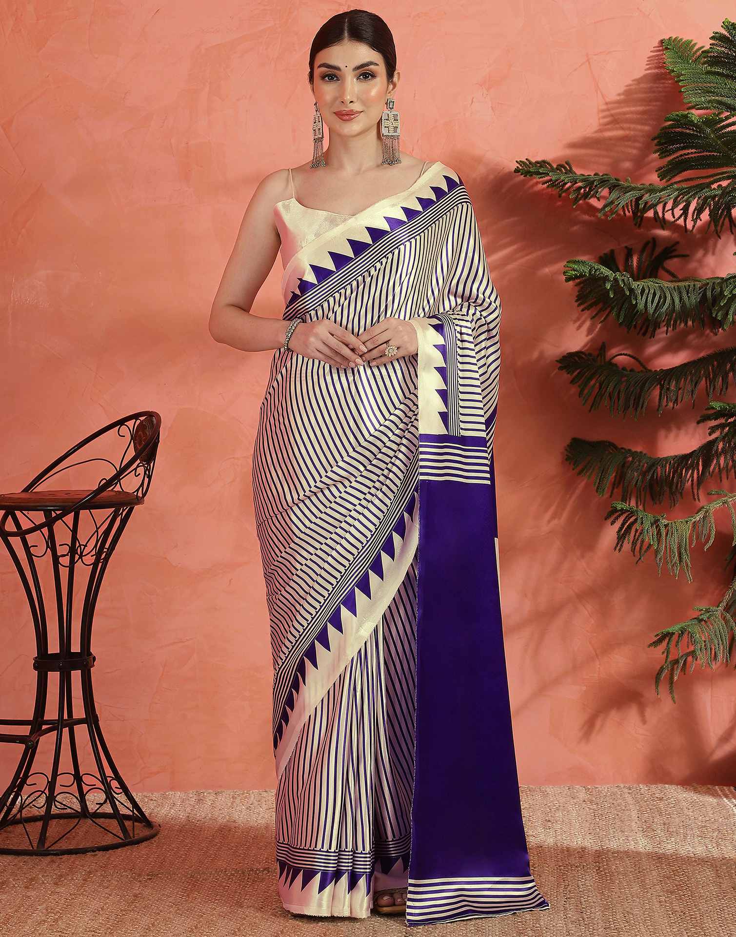 Cream Satin Printed Saree